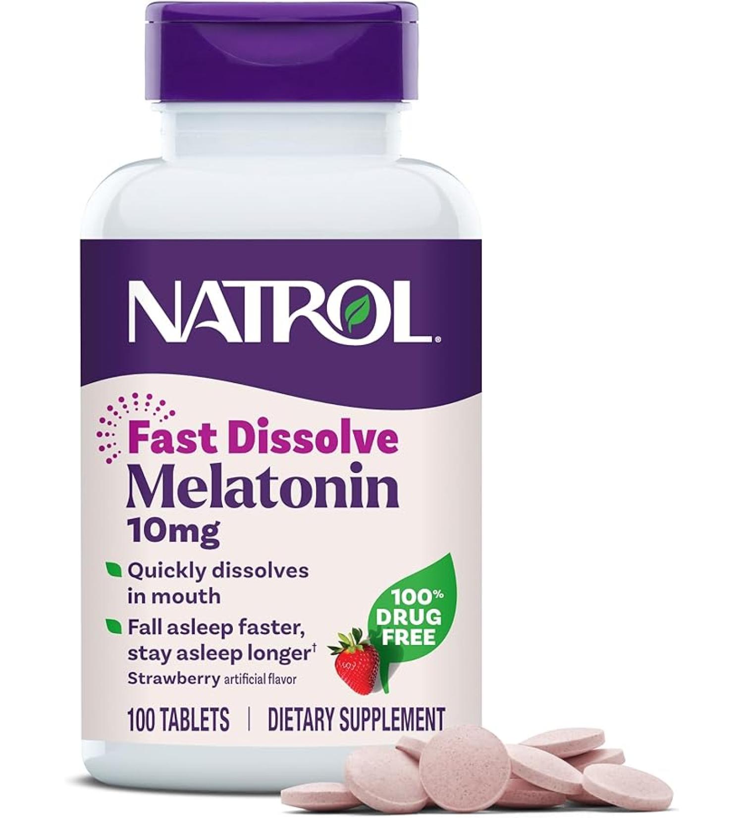 Natrol Melatonin Fast Dissolve Tablets 10mg 100 Count Strawberry - Fall Asleep Faster, Stay Asleep Longer, Easy to Take, Immune Support - Maximum Strength - Buy Online on GoSupps.com