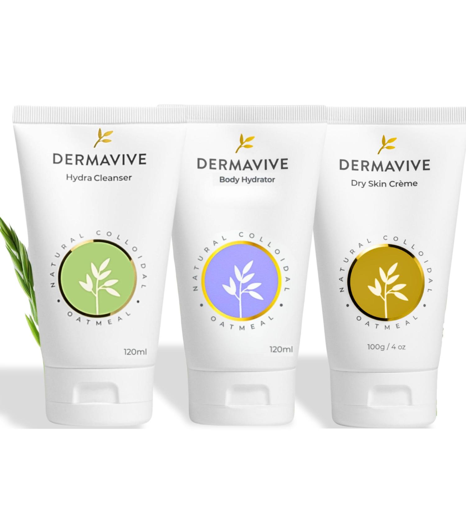 Dermavive Sensitive Skin Care Bundle Hydrating Facial Cleanser 120ml + Oatmeal Body Hydrator 120ml + Dry Skin Cr me 100g | For Dry Flaky Itchy & Sensitive Skin | With Colloidal Oatmeal & Vitamin E - Buy Online on GoSupps.com