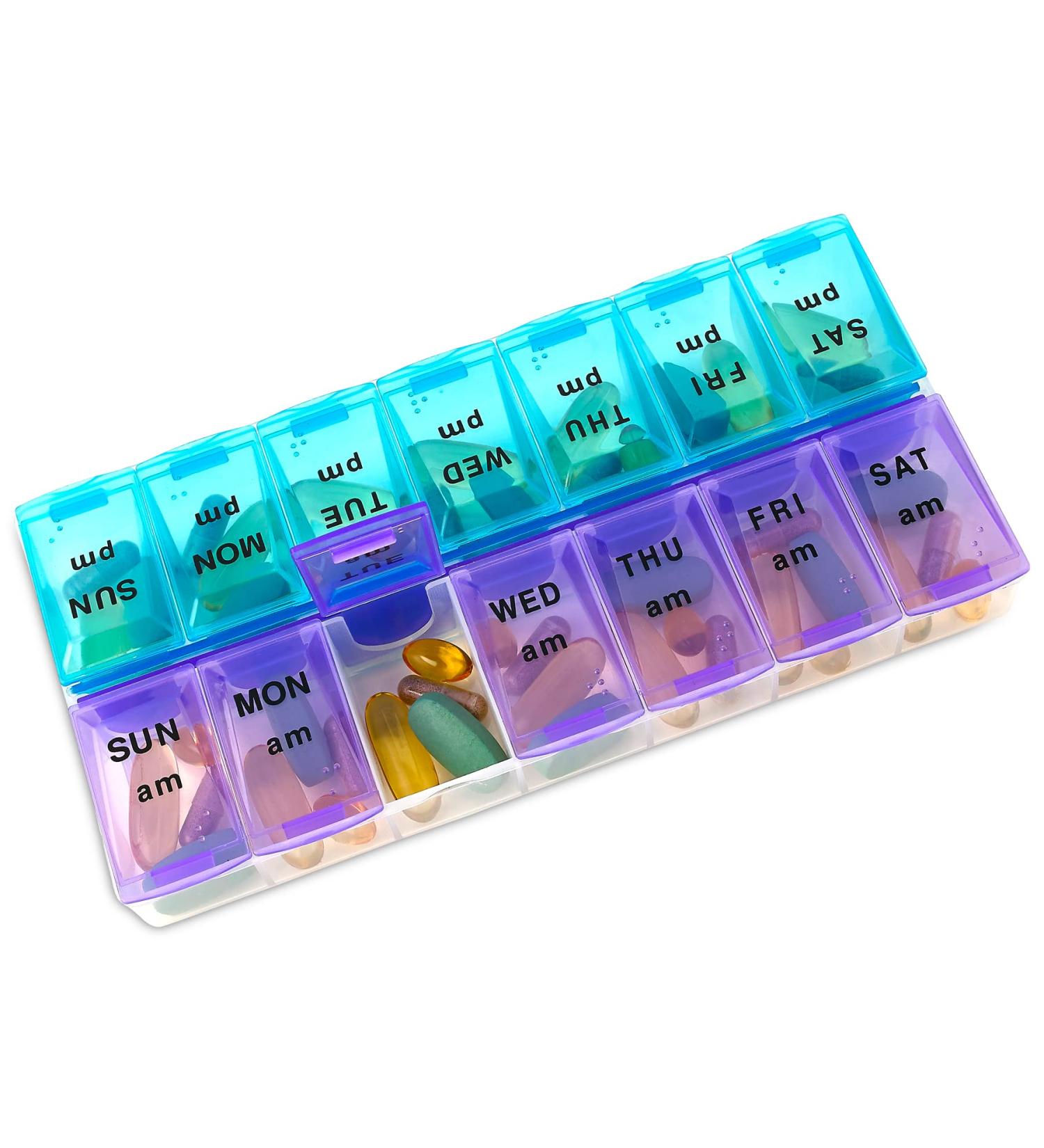 Weekly Pill Organizer - 7 Day AM/PM Planner | BPA Free Travel Case for Vitamins Medication & Fish Oil Supplements - Buy Online on GoSupps.com