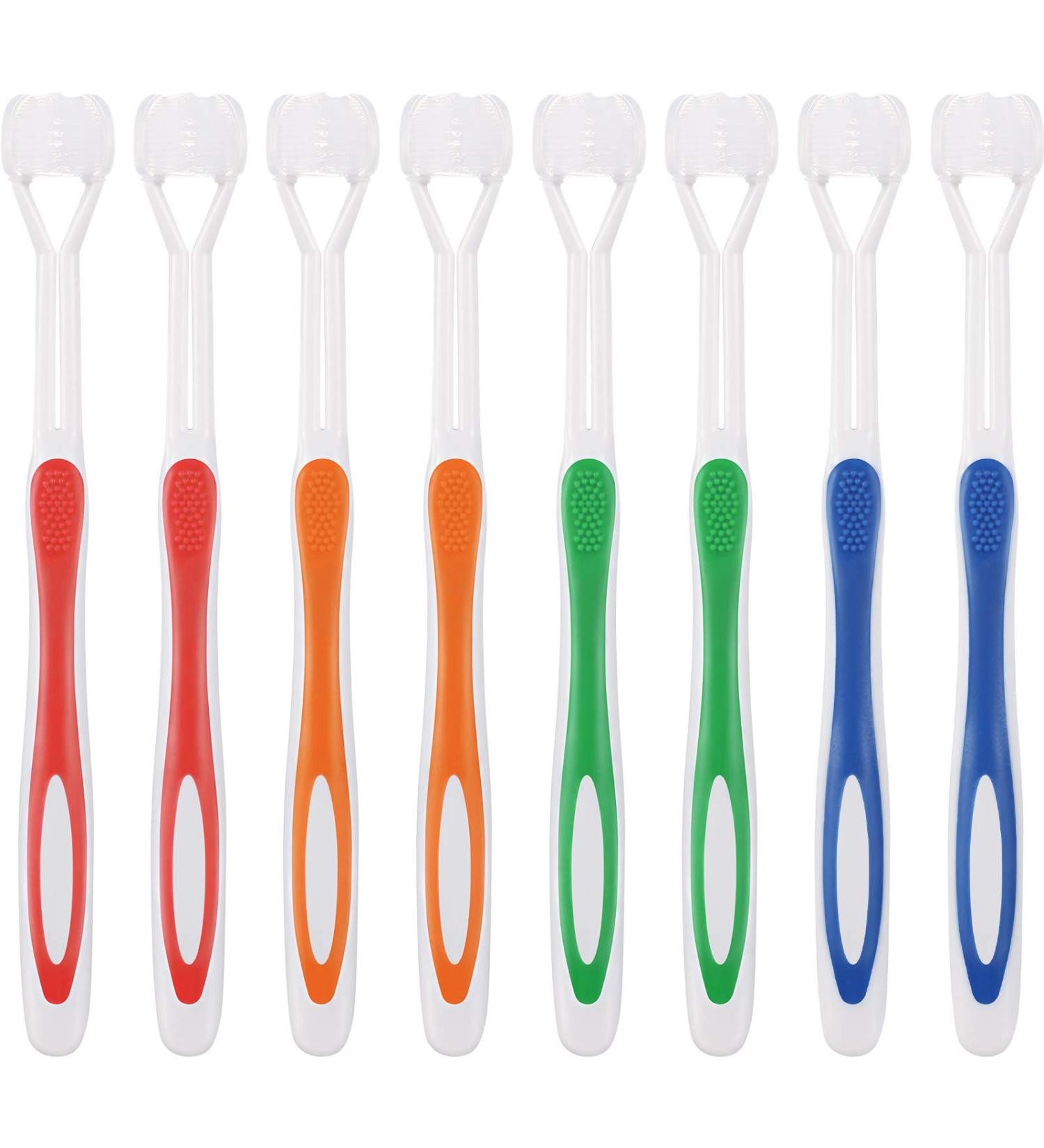 Autism Toothbrush - 8 Pieces Three Bristle Travel Toothbrush Set for Complete Teeth and Gum-Care - Soft Bristles - Great Angle Design - Green, Blue, Yellow, Red - Buy Online on GoSupps.com