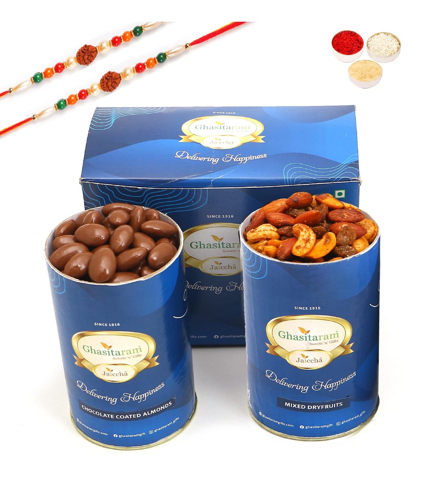 Ghasitaram Gifts Rakhi Gifts for Brothers Chocolate Almonds and Mix Dryfruits Cans with 2 Rudraksh Rakhis Chocolate Chocolate Almonds and Mix Dryfruits Cans 2 Rakhis - Buy Online on GoSupps.com