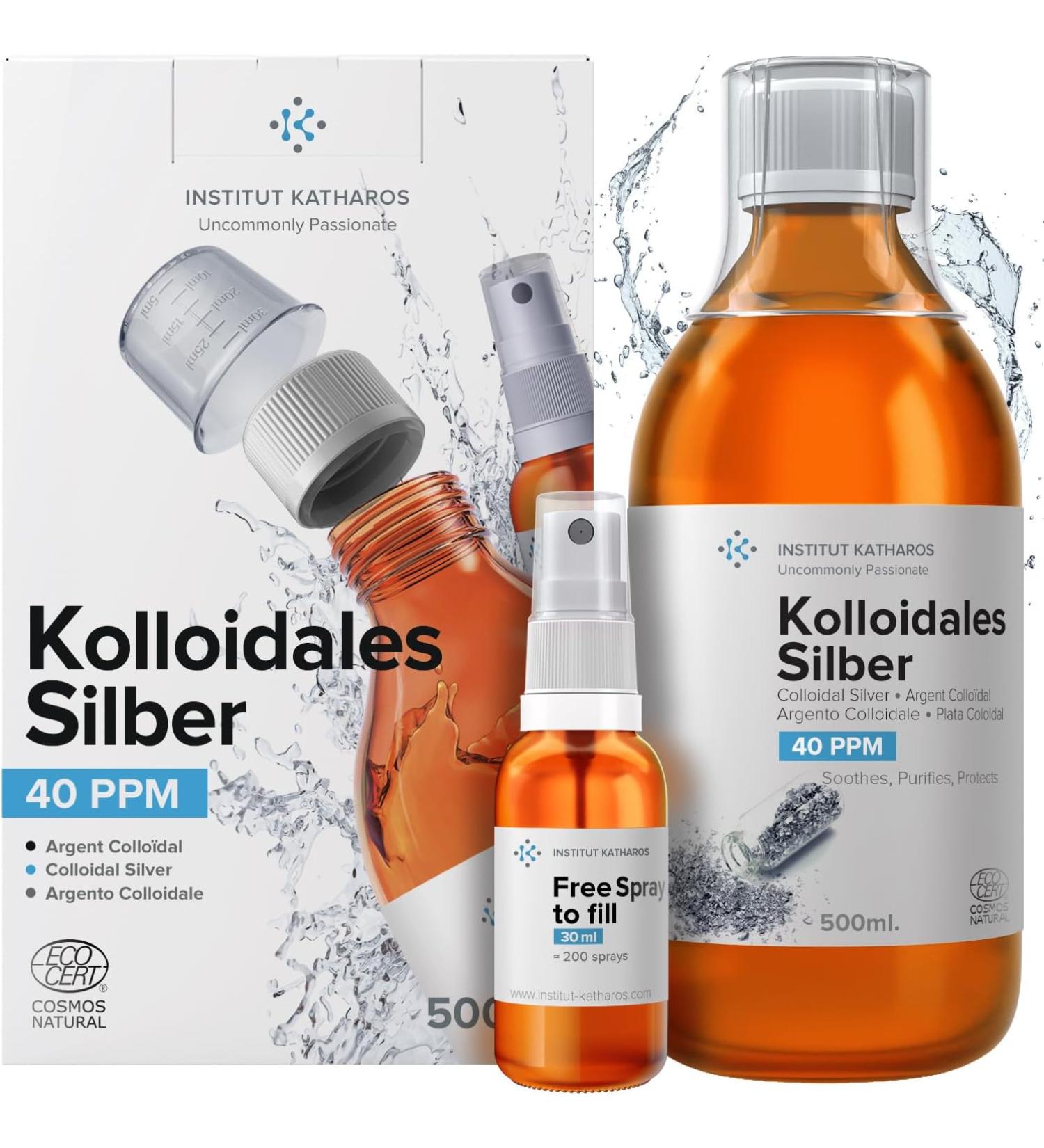Institut Katharos Colloidal Silver - Highly Concentrated 40 ppm - Katharos Institute - More Effective than Concentrations of 10 or 25 ppm - 100% Natural - 96% Ionic for a Silver Water of Maximum Performance - 500 ml - With free spray to fill 30 ml - Buy Online on GoSupps.com