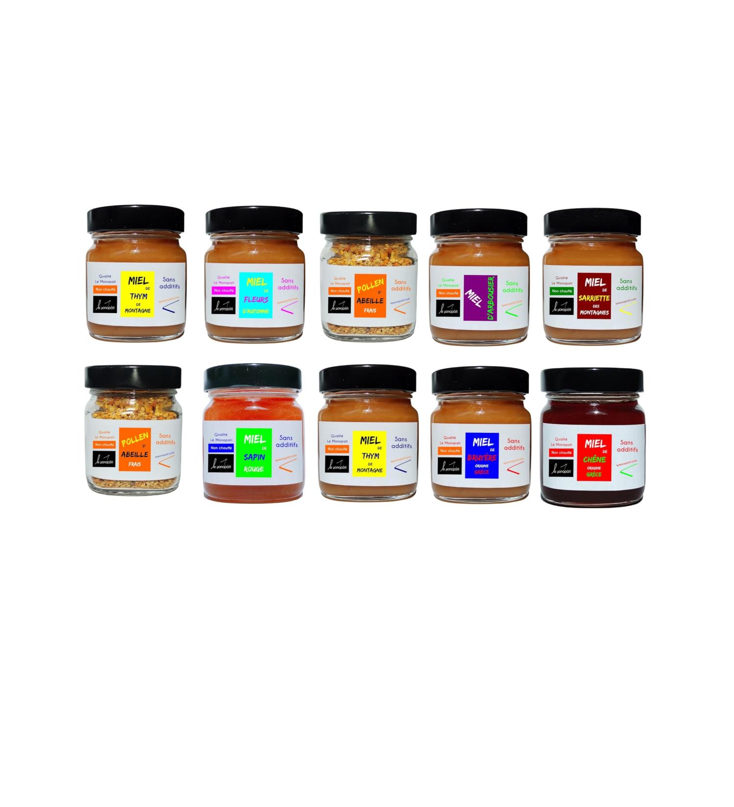 Le Monopati Signature | Entreprise fran aise | Lot D couverte | Origine: Gr ce | 100% Pur | 10 pots | Miel de Thym de Montagne | Pollen | Sapin Rouge | Ch ne | Arbousier | Bruy re | Fleurs | Sarriette - Buy Online on GoSupps.com