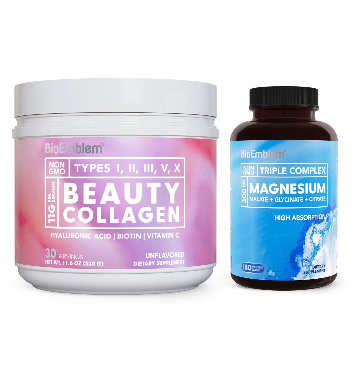 BioEmblem Beauty Collagen - 11G Hydrolyzed Multi-Collagen Peptides & Triple Magnesium Complex 180 Capsules - Buy Online on GoSupps.com
