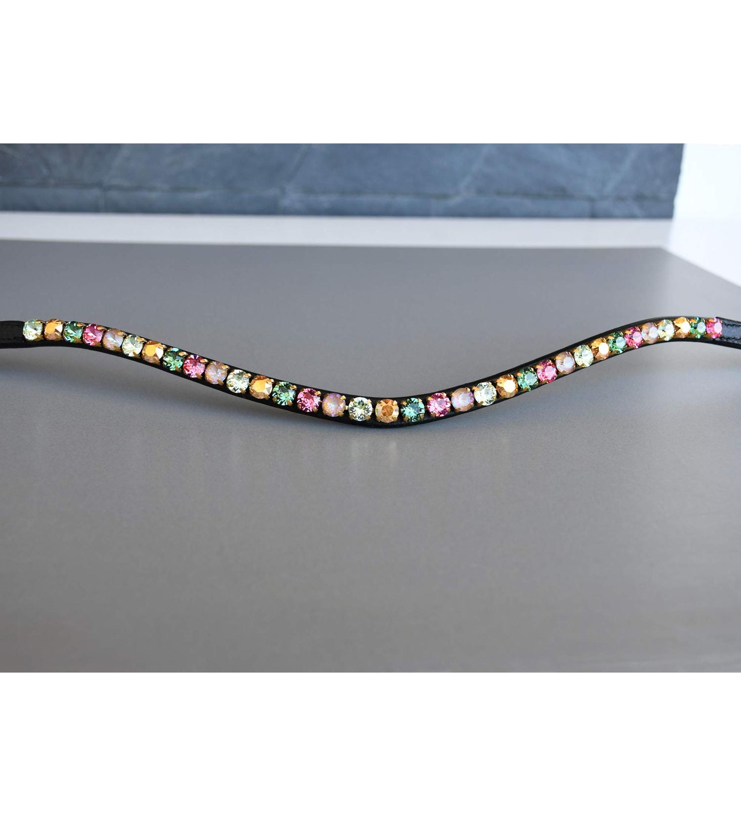 Happiness Hinge Colorful Horses Forehead Straps 'Paradise' - Pink Green & Gold Curved Design in Dark Brown Leather - Shop Now! - Buy Online on GoSupps.com