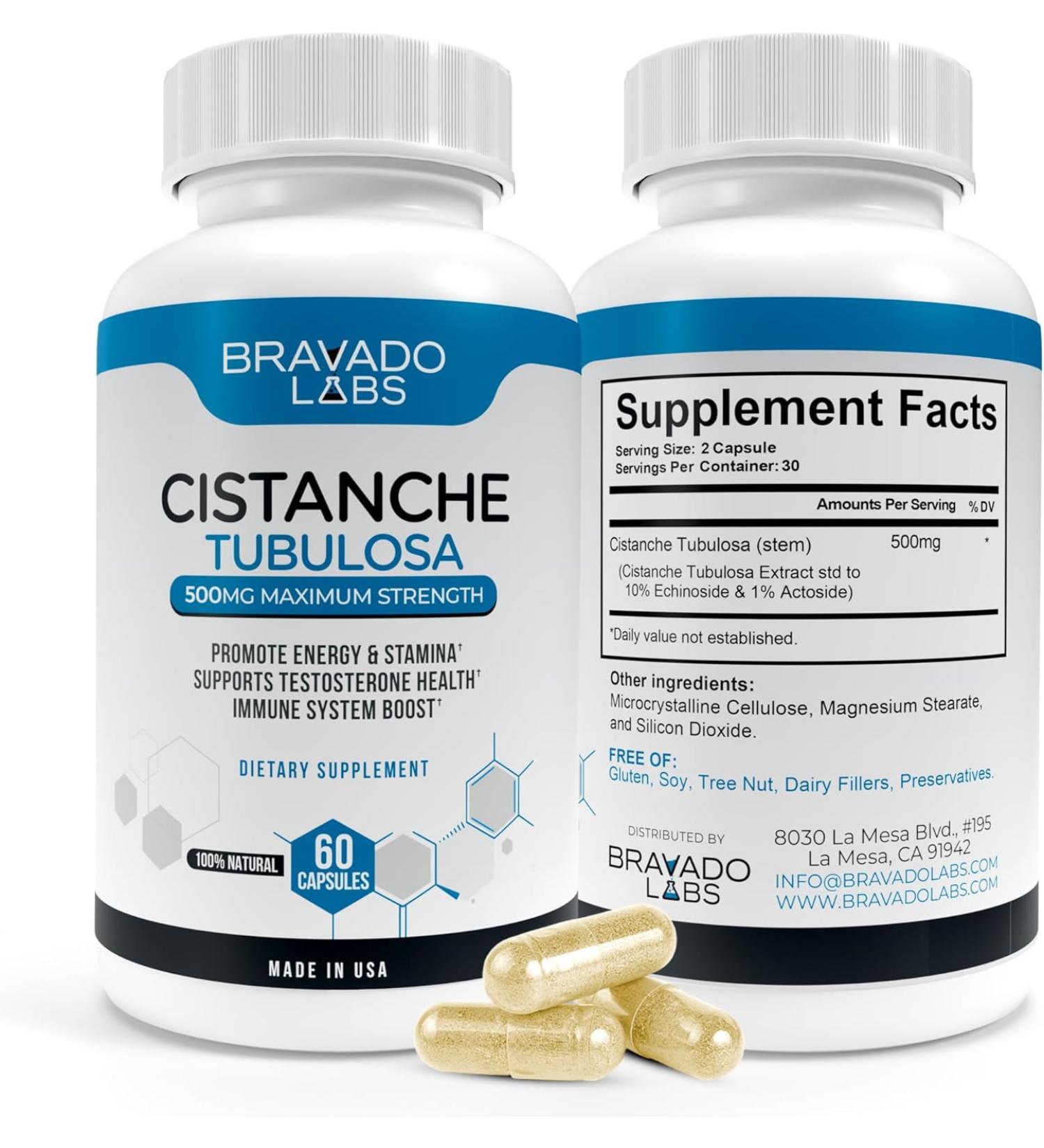Bravado Labs Cistanche Supplement Testosterone Booster for Men Cistanche Tubulosa Extract Powder 500 mg Hormone Support 60 Capsules - Buy Online on GoSupps.com