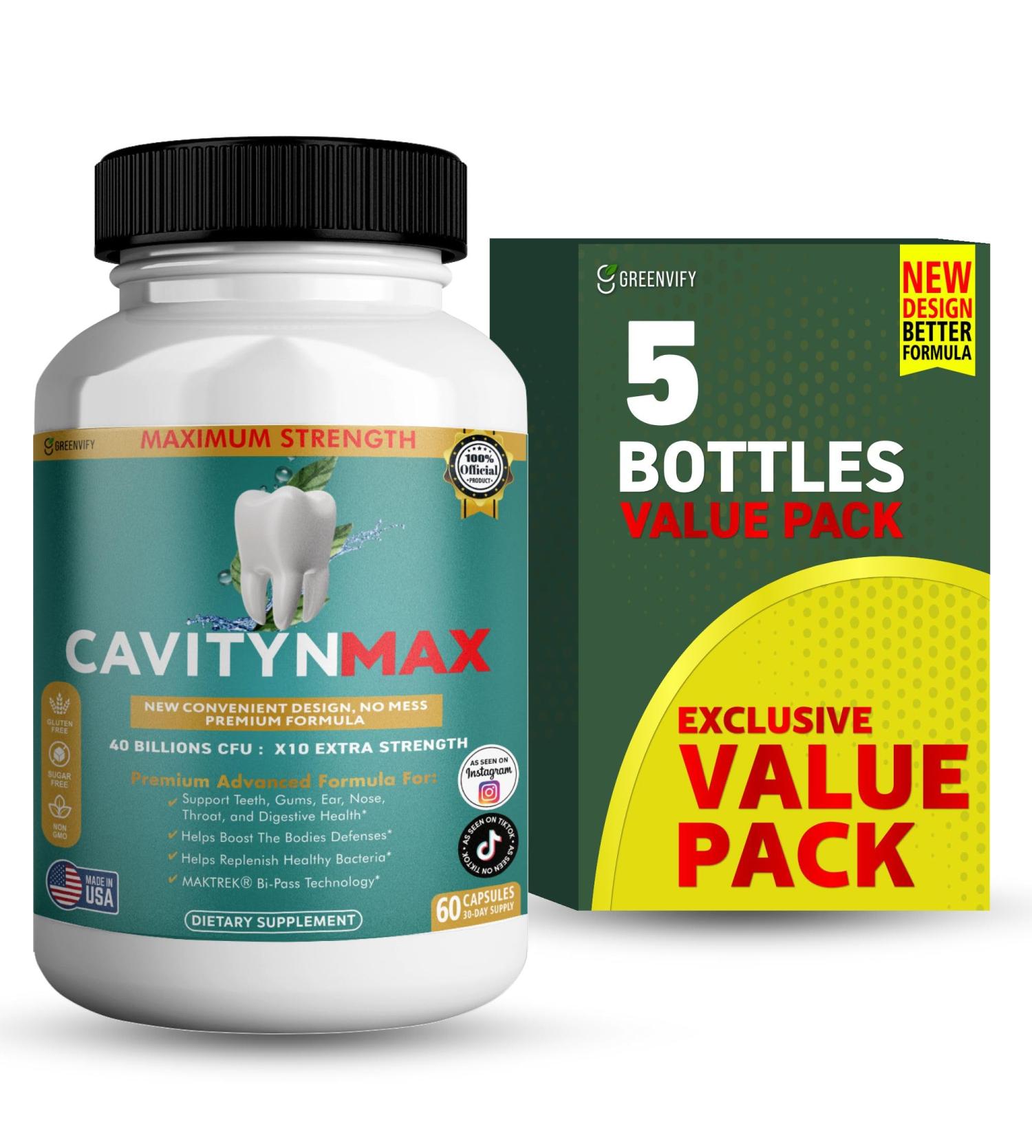 GREENVIFY Cavityn Max Probiotic Supplement 40 Billion CFU 60 Capsules Digestive Health Support (5) - Buy Online on GoSupps.com