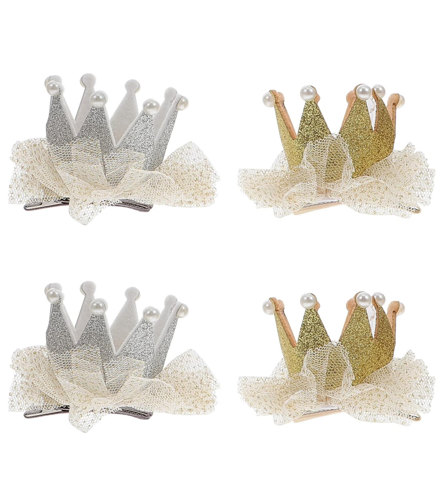 4pcs Children Crown Hair Clips - Glittery Gold & Silver Pearl Hair Accessories for Girls - Buy Online on GoSupps.com