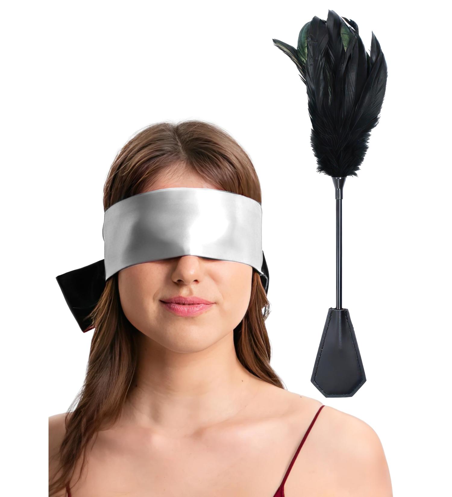 Feather Tickler Crop & Satin Blindfold Mask Set | French Tickler Whip & Teaser Stick Kit for Intimate Play - Buy Online on GoSupps.com