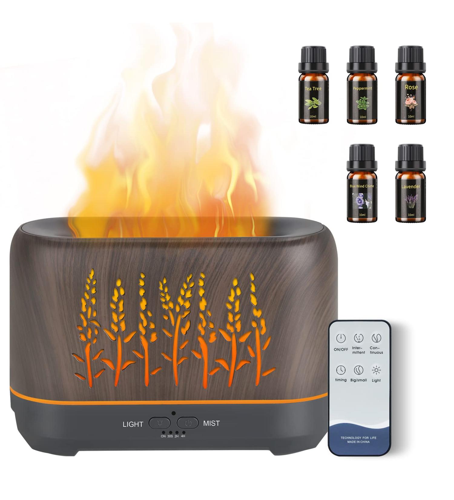 NEWYID Aromatherapy Diffuser with 5 Essential Oils, Flame Light, 3 Mist Modes, 4 Timers, Waterless Auto-Off, Dark Wood Essential Oil Diffuser for Home - Buy Online on GoSupps.com