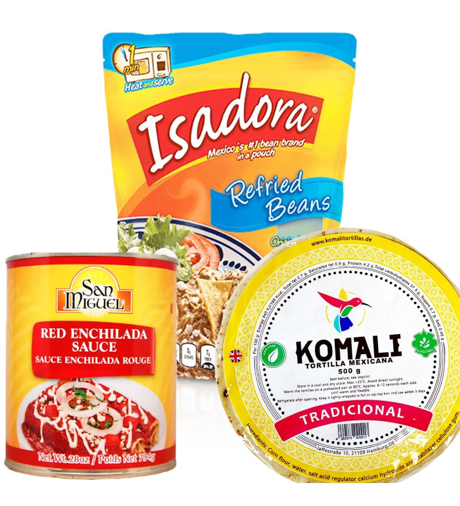 Enchilada Kit - Red/Mexican Food Kit for Enchilada Roja with Komali Tortilla Wraps and Isadora Refried Beans in Pouch - Buy Online on GoSupps.com