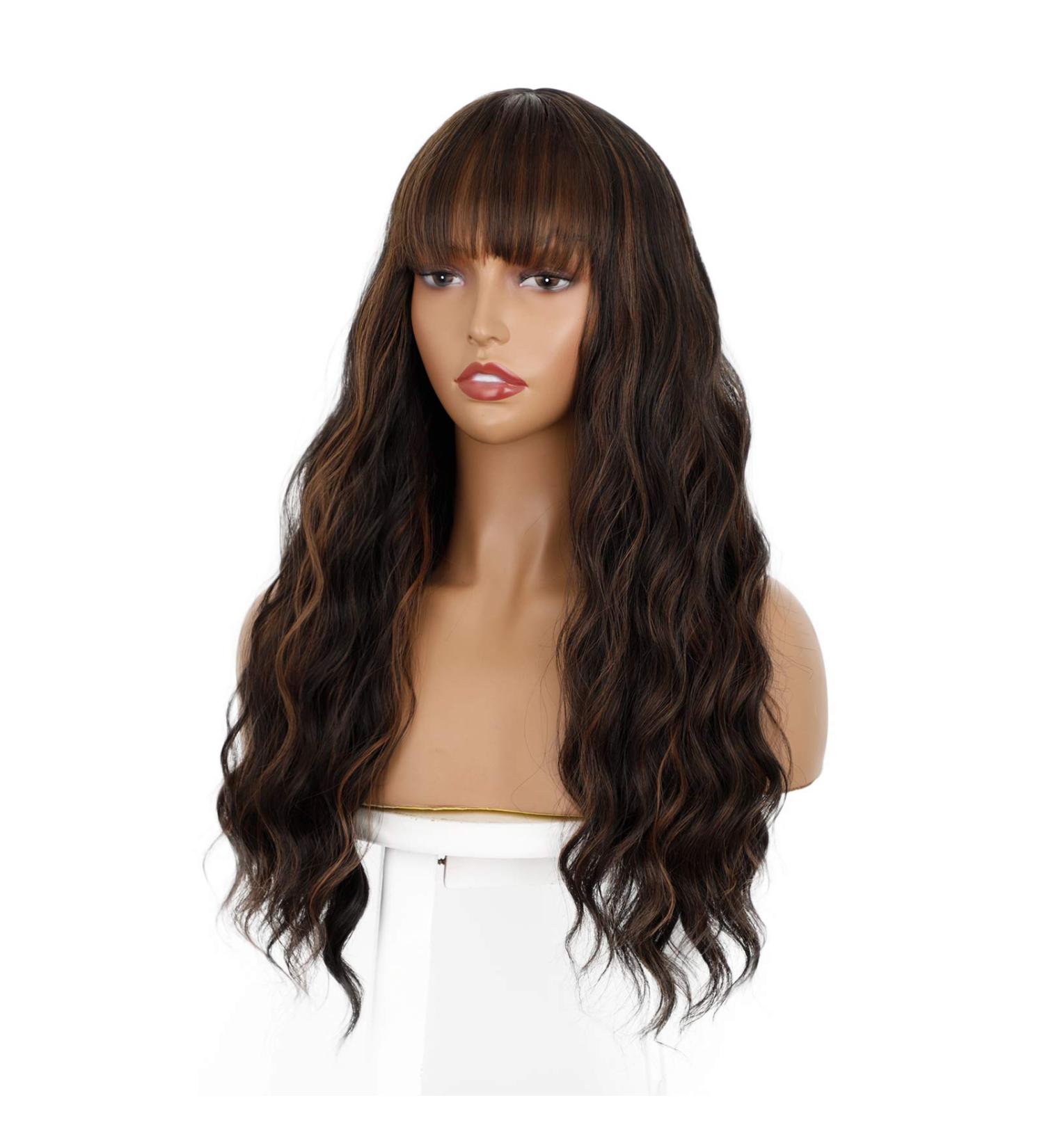 ENTRANCED STYLES Dark Brown Wig with Bangs â€“ Long Wavy Synthetic Wig with Blonde Highlights for Women | Heat Resistant & Natural Look - Buy Online on GoSupps.com
