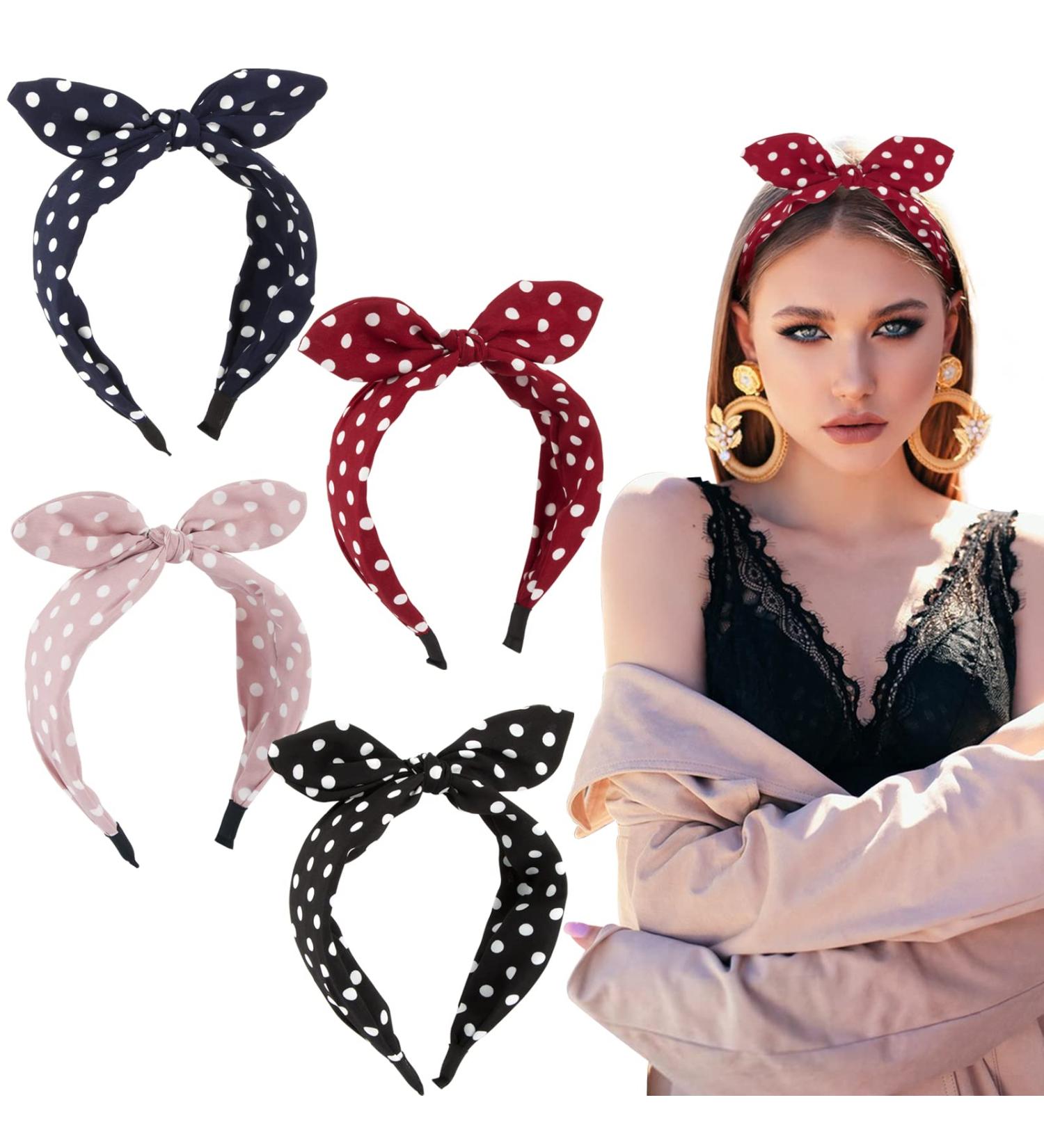 Buy Vintage Rockabilly Hair Bands - 4 Pcs Wide Headbands for Women | Dots Loop Hair Accessories in Black Pink Red Dark Blue - Buy Online on GoSupps.com