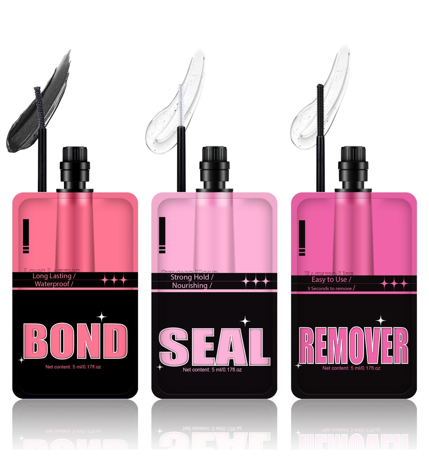 Lash Bond and Seal and Remover Kit Easy to Use 3 in 1 Strong Hold Long Lasting Waterproof Eyelash Glue and Removal Pack for Cluster Lashes Individual Eyelash Extension (5ml*3) Lash Bond Seal and Remover - Buy Online on GoSupps.com