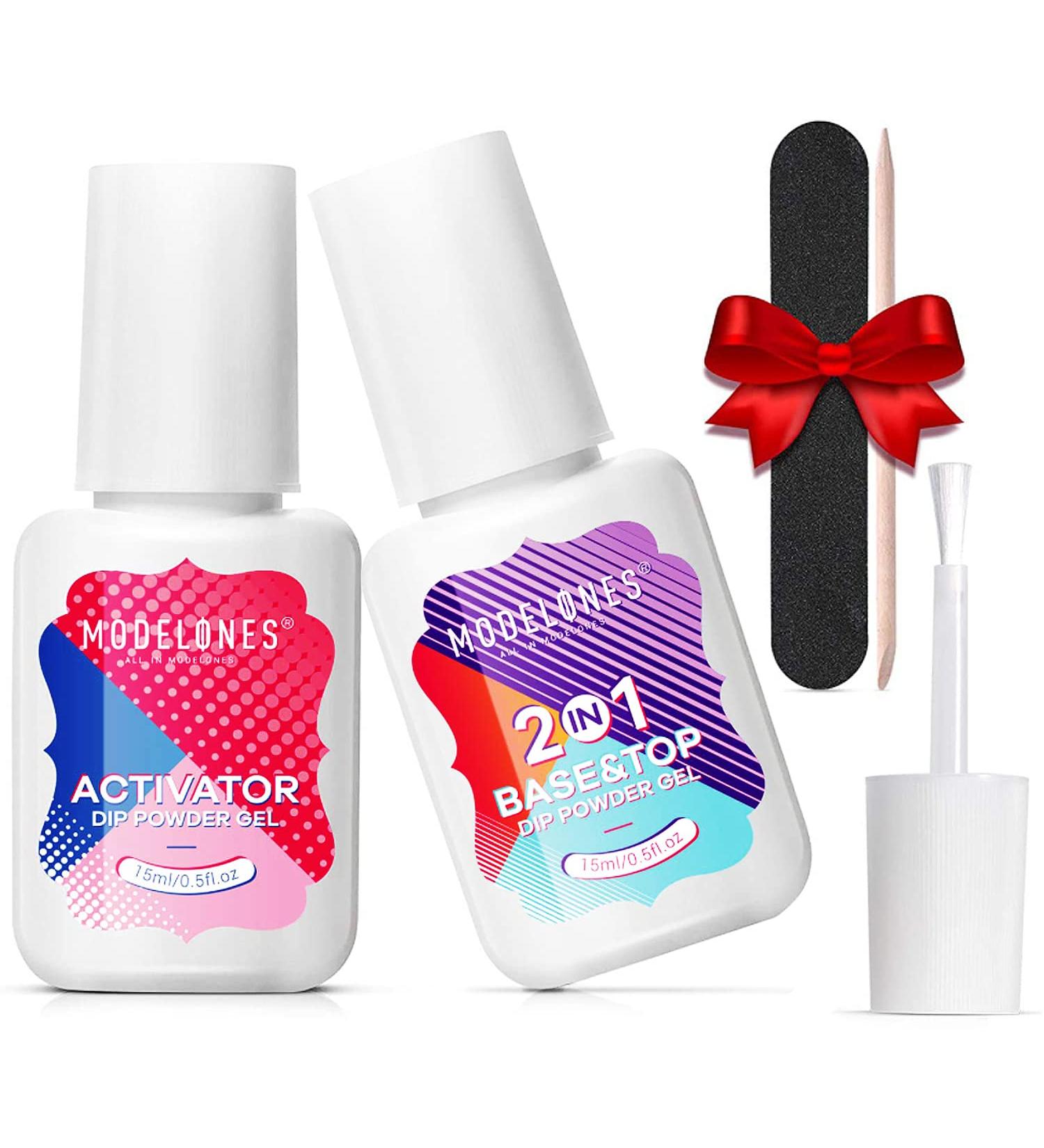 Modelones Dip Powder Liquid Set - 2 in 1 Base & Top Coat with Activator, 5 Pcs Dipping Powder System Essential Kit for French Nail Art Manicure - Long Lasting, No Lamp Needed - Buy Online on GoSupps.com