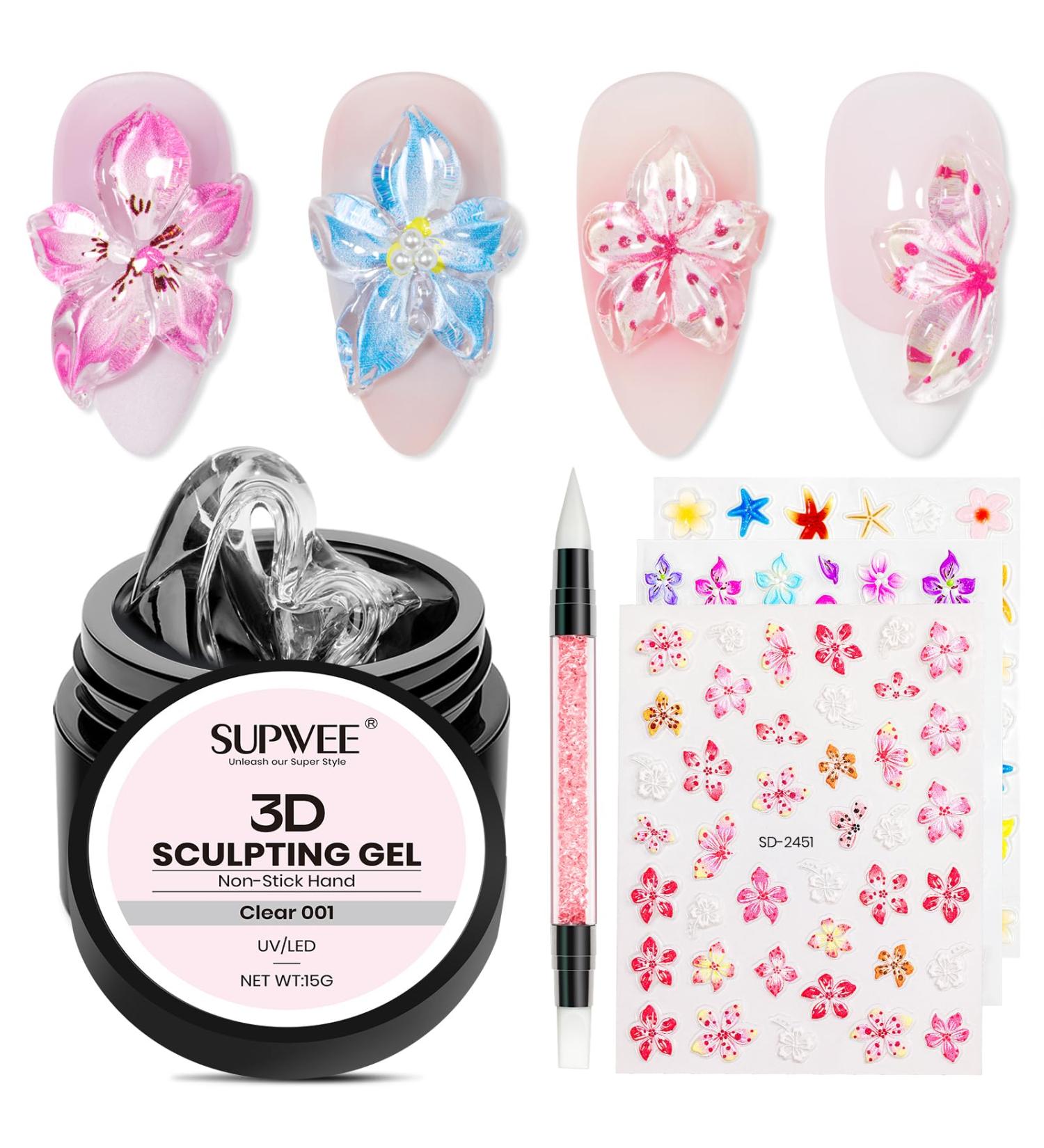 SUPWEE Clear 3D sculpting gel with floral stickers 15g multi-functional modeling gel for nails 3D gel floral stickers and nail brushes for DIY salon at the - Buy Online on GoSupps.com