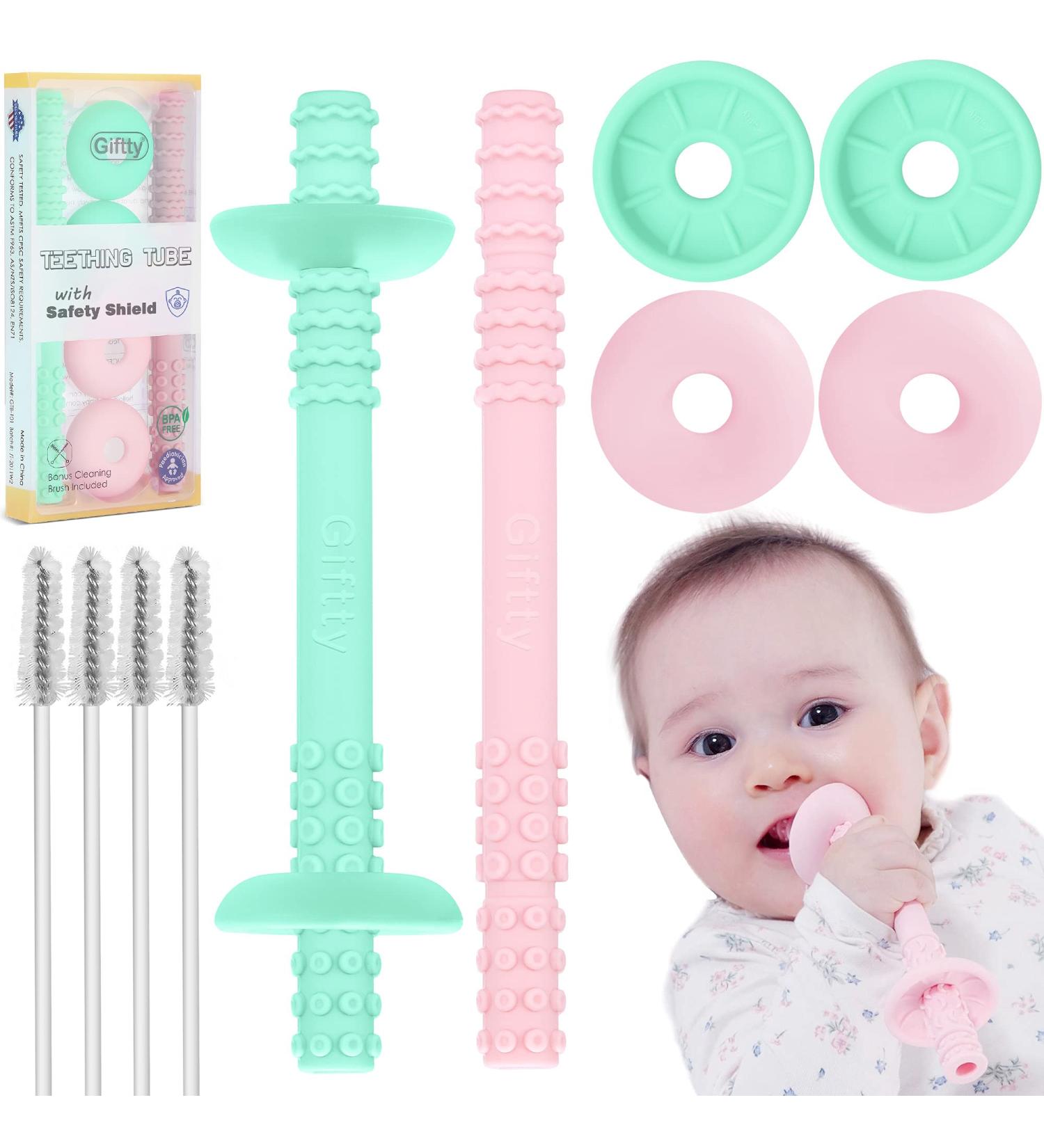 Baby Teething Tube with Safety Shield | Silicone Hollow Teether for 3-12 Months | Infant Gum Massager and Sensory Toy | Includes 1 Pair with Cleaning Brushes | Food-Grade Silicone (Pink+Mint) - Buy Online on GoSupps.com