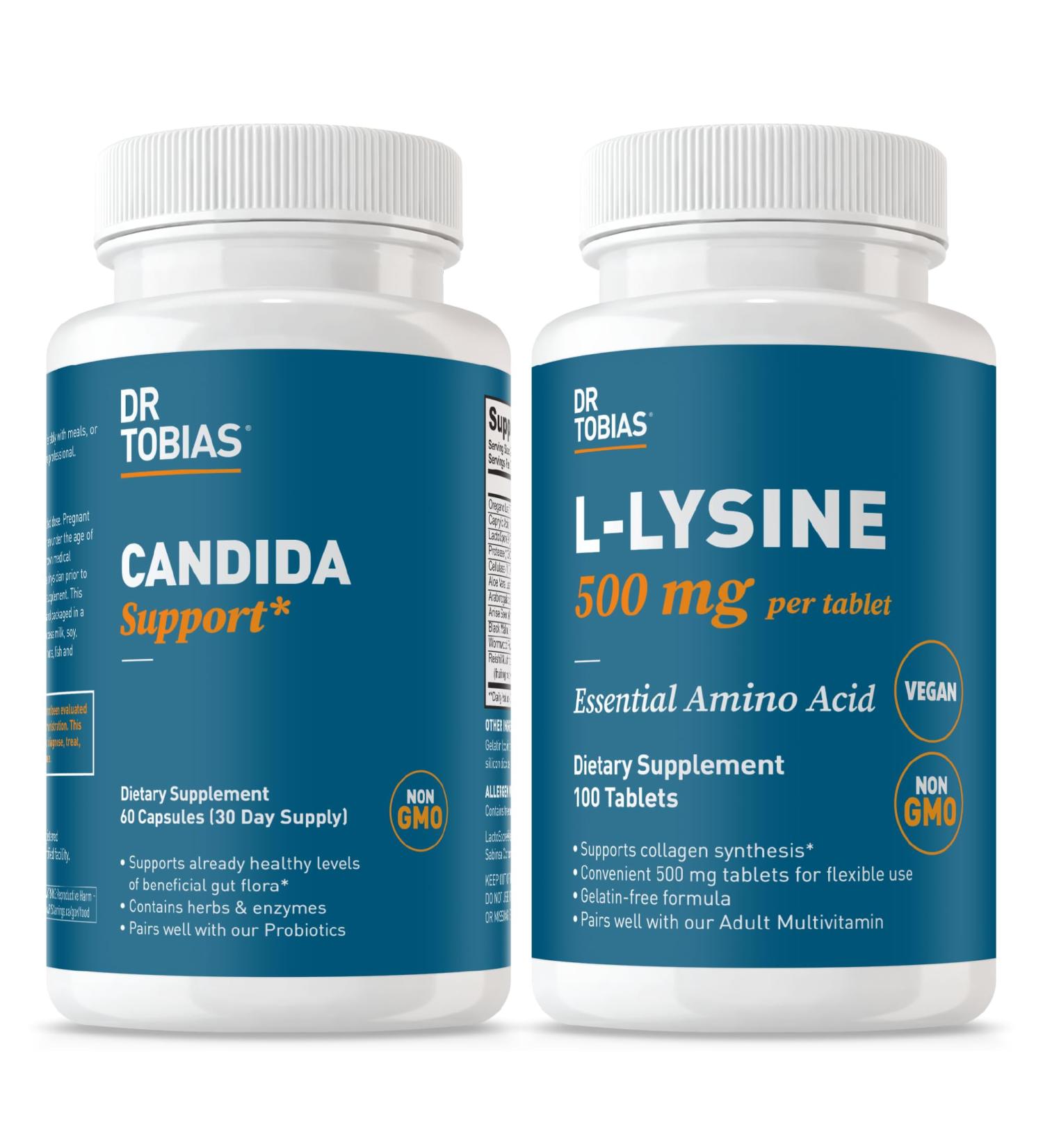 Dr. Tobias Candida Support (Gut Flora Balance Complex) + L Lysine 500 mg Tablets Intestinal Detox & Probiotic Enzyme Cleanse with Essential Amino Acid for Collagen & Skin Health - Buy Online on GoSupps.com