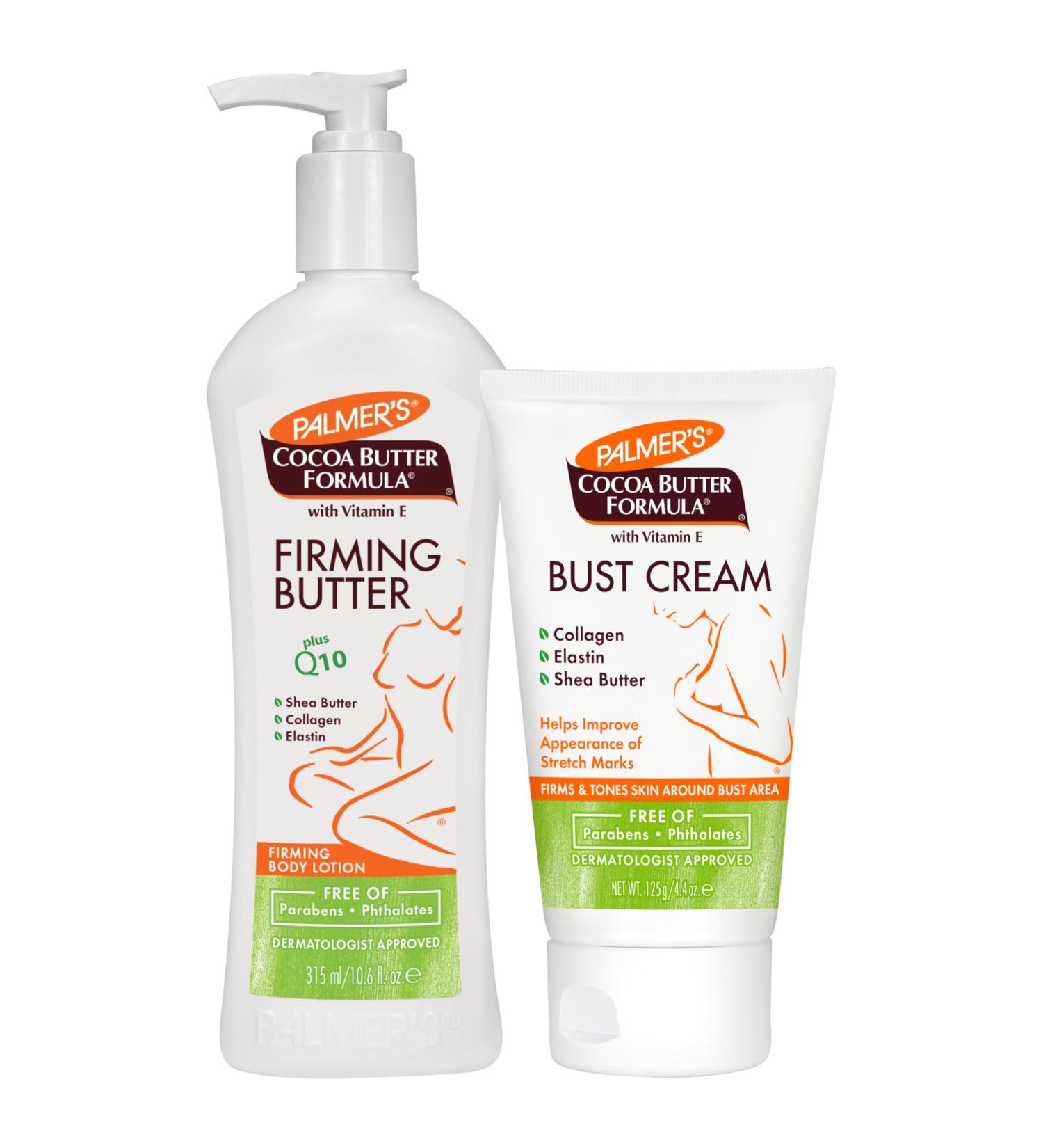Palmer's Postpartum Skin Care Bundle - Cocoa Butter Set includes Firming Butter Body Lotion (10.6 fl. oz.) and Bust Cream (4.4 oz.) Pregnancy Essentials with Shea Butter Elastin Vitamin E & Co Q10