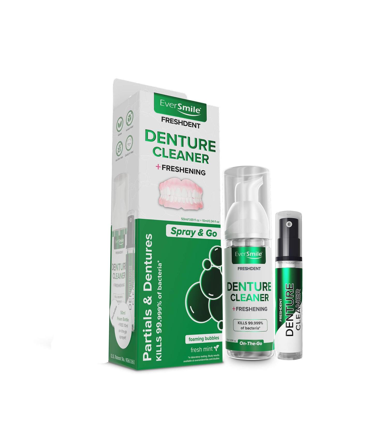 FreshDent Denture Cleaner & Teeth Whitening Spray Set - Fast-Acting, Mint Flavored, Kills Bacteria and Freshens Breath - Buy Online on GoSupps.com