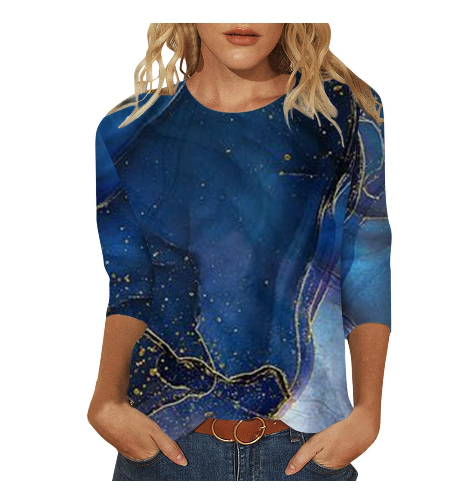 Pullover Women's Winter Sweatshirt Women's Daily Summer Print O Neck Tops Three-Quarter Sleeve Crew Neck T-Shirt Printed Loose Side Split Blouse Tunic Turtleneck Pullover Women's Pullover Autumn Blue XXL - Buy Online on GoSupps.com