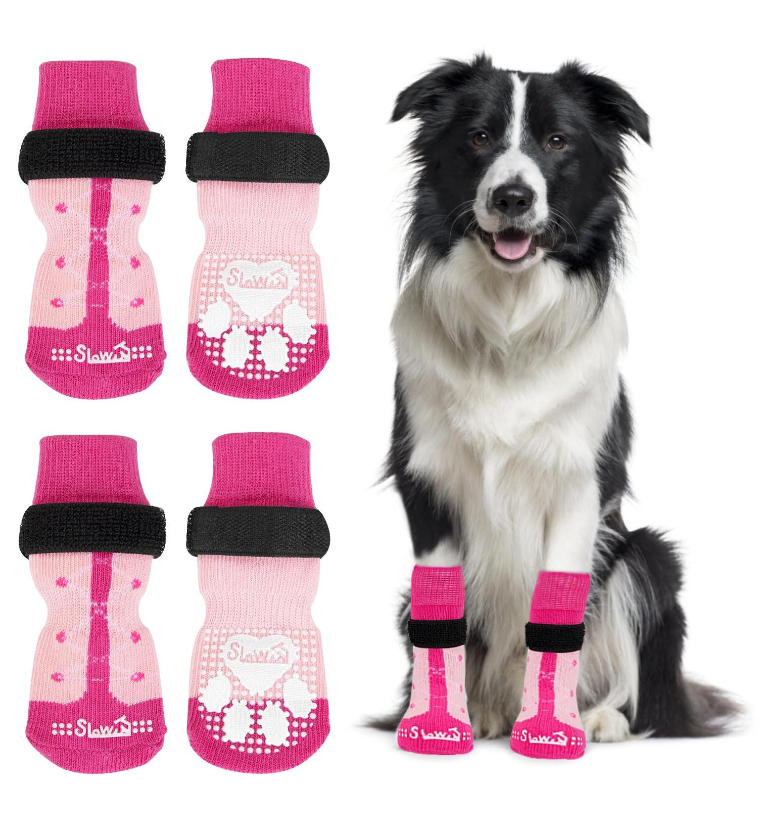 Slowton Indoor Anti-Slip Dog Socks - Adjustable Paw Protection for Small & Medium Dogs | Velcro Fastener Soft & Durable for Hardwood Floors - 4 Pairs (Rose Red M) - Buy Online on GoSupps.com