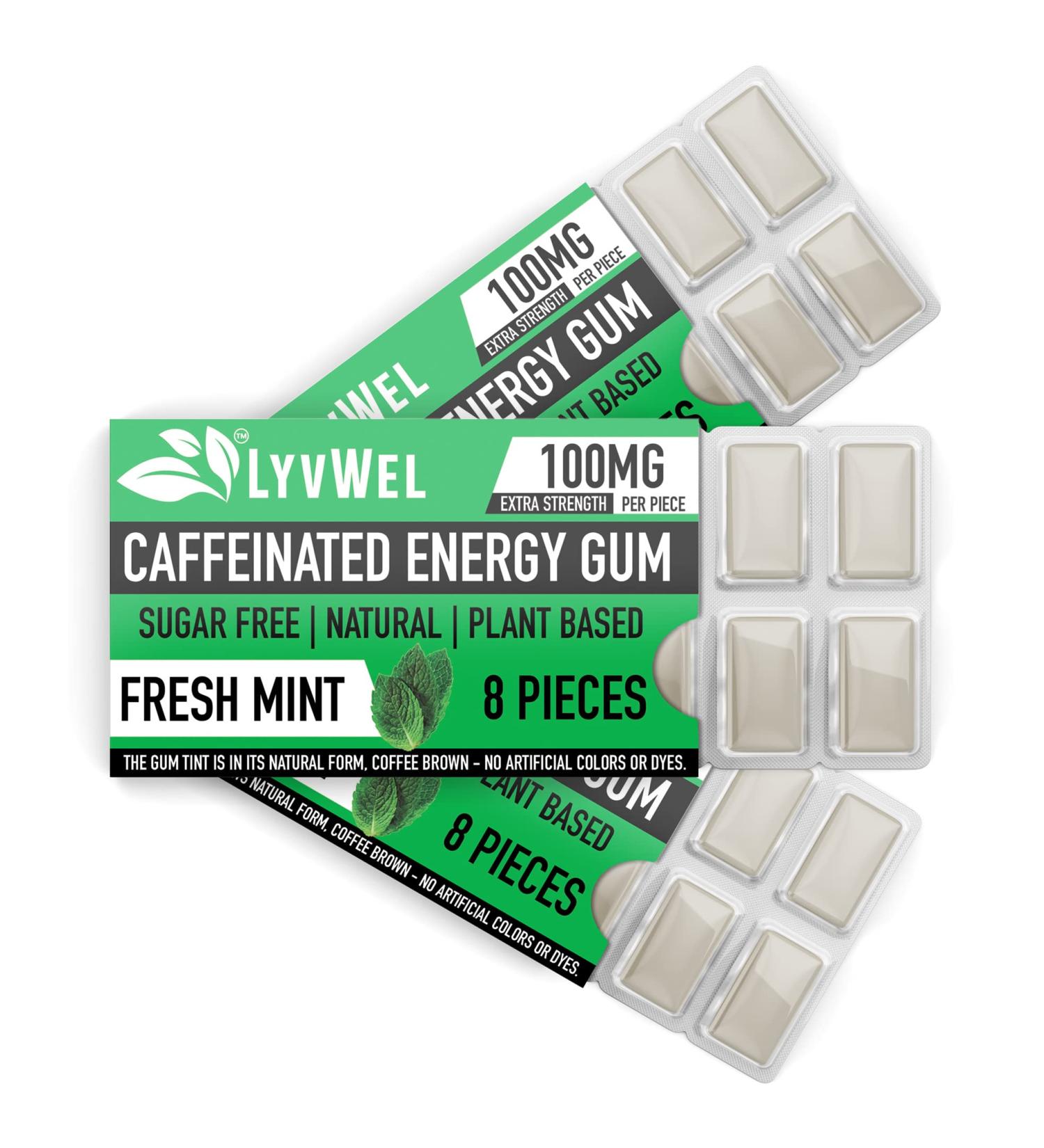 LyvWel Energy Gum - 100mg Caffeine | All Natural Sugar-Free Pre-Workout Boost (Mint) - 3 Pack Energy Supplement - Buy Online on GoSupps.com