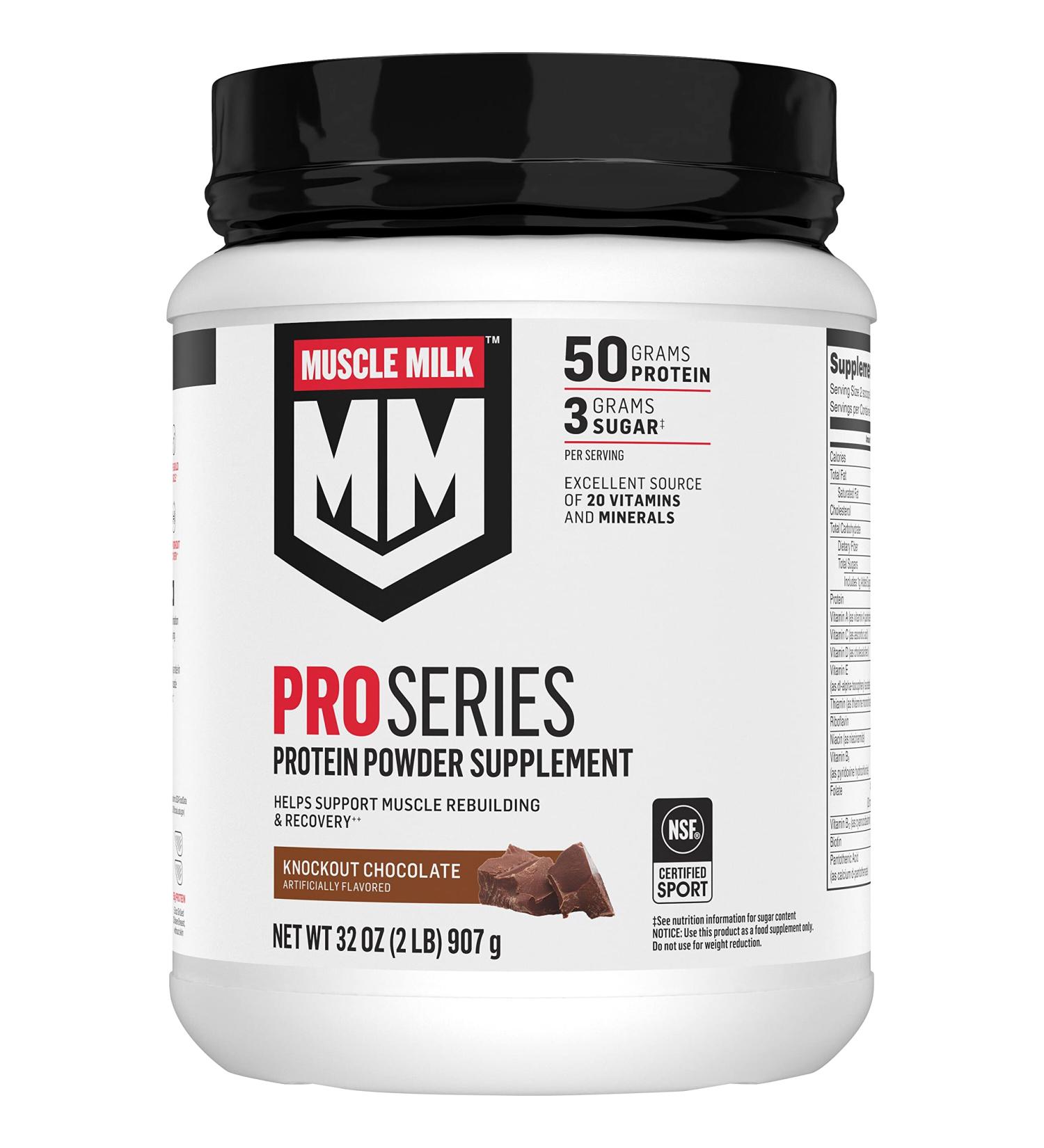 Muscle Milk Pro Series Protein Powder Knockout Chocolate - 2lb | 50g Protein, 3g Sugar, 20 Vitamins & Minerals | NSF Certified for Sport | Workout Recovery - Buy Online on GoSupps.com