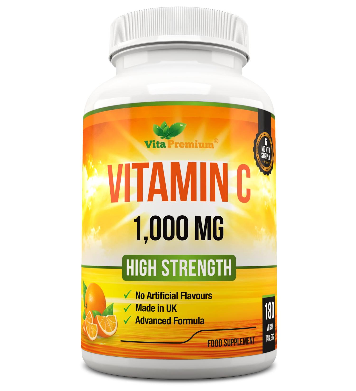High Strength Vitamin C 1000mg per Tablet - 180 Vegan Tablets, Made in UK | 6 Month Supply - Buy Online on GoSupps.com