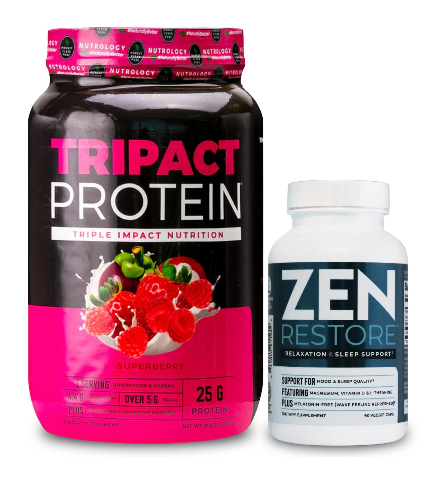 Nutrology TRIPACT Protein Powder 7-in-1 Meal Replacement Shake Superberry (40 Servings) Zen Natural Magnesium Supplement (30 Servings) - Buy Online on GoSupps.com