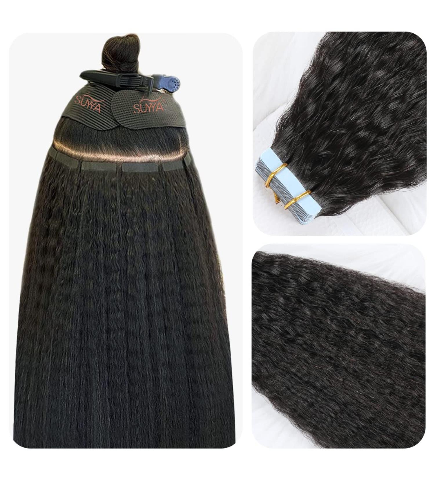 SUYAA 18 Inch Natural Black Kinky Straight Tape in Hair Extensions - 20PCS Skin Weft Human Hair Extensions for Women - 50g/Pack, 1B Natural Black - Buy Online on GoSupps.com