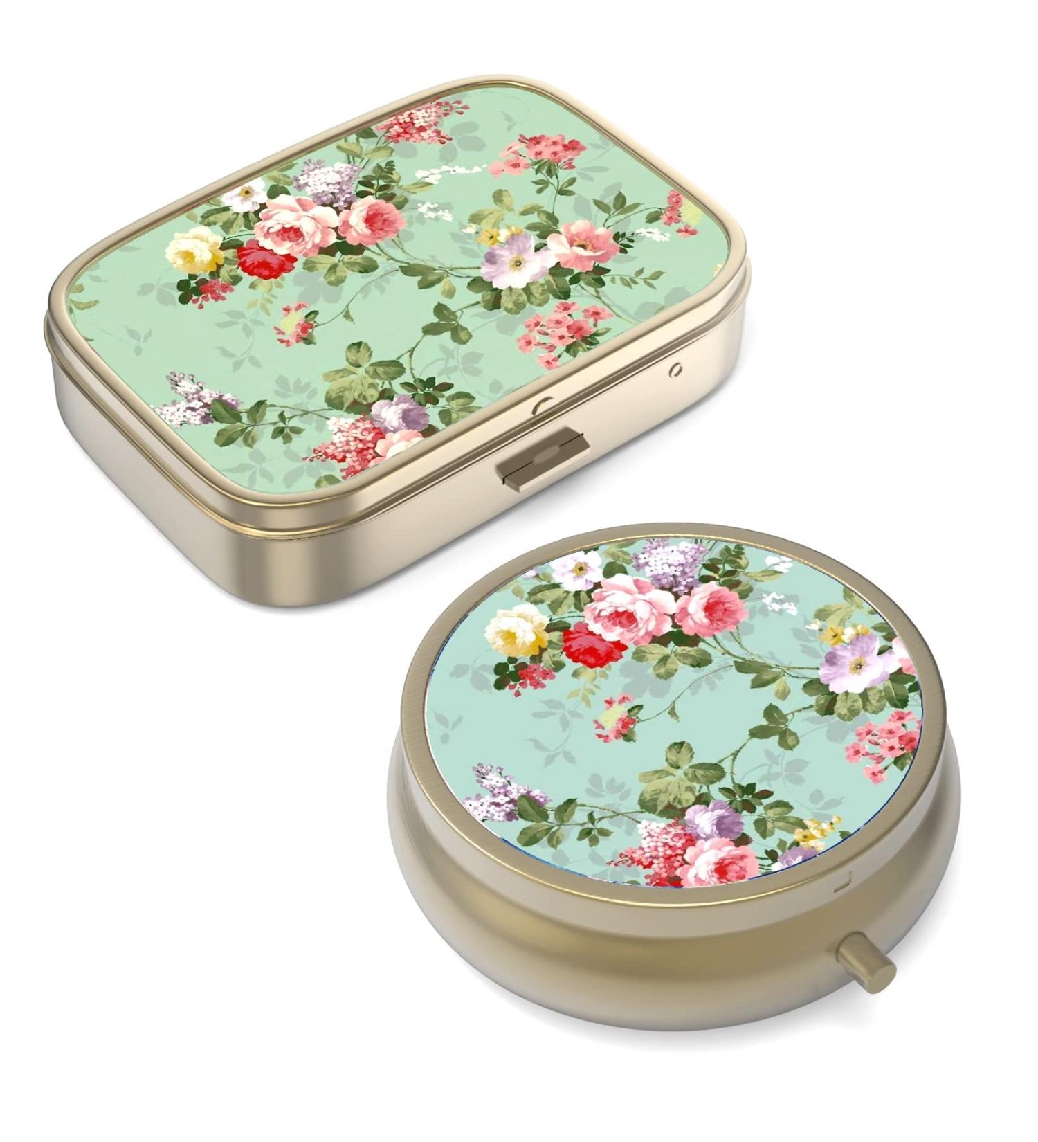 Retro Green Floral Pill Box with Mirror - 2PC Travel Pill Organizer for Vitamins & Supplements - Small Bronze Design for Wallet or Bag - Buy Online on GoSupps.com