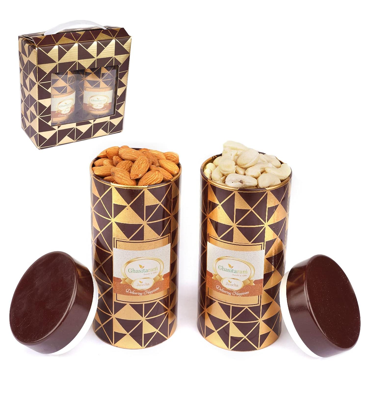 Jaiccha Ghasitaram Dryfruits Hamper-Box 2 Tin Jars of Cashews and Almonds |Gift for Diwali Holi Rakhi Valentine Christmas Birthday Anniversary Her Him| - Buy Online on GoSupps.com