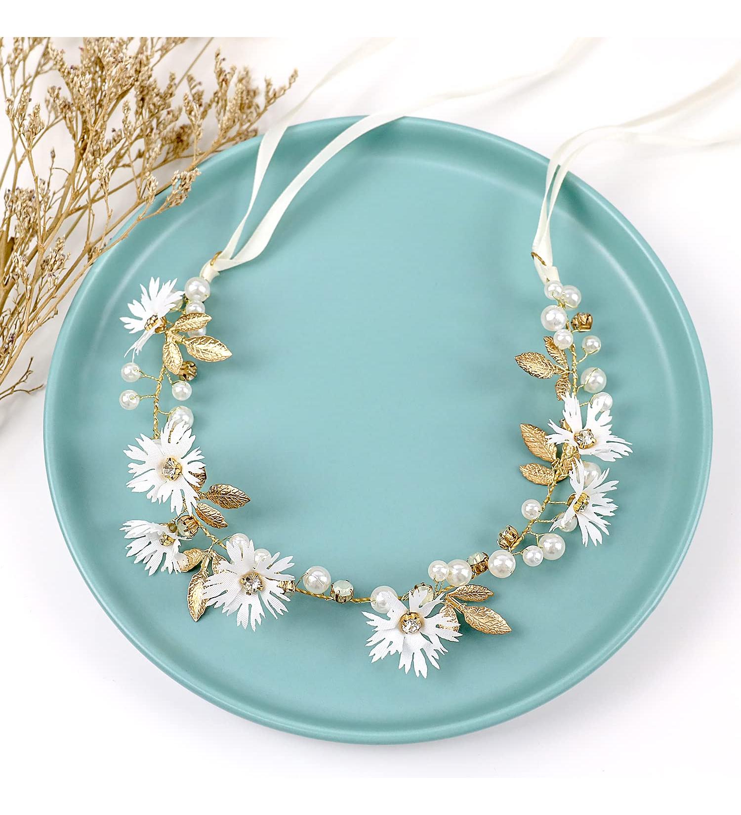 Daisy Flower Wedding Headband with Gold Leaf, Rhinestone, and Pearl Accents - Bridal Tiara for Festivals and Parties - Buy Online on GoSupps.com