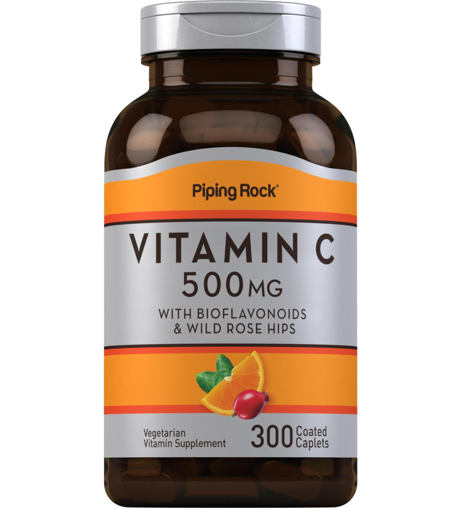 Piping Rock Vitamin C 500mg | 300 Caplets | Supplement for Women and Men | with Rose HIPS and Bioflavonoids | Vegetarian Non-GMO Gluten Free - Buy Online on GoSupps.com