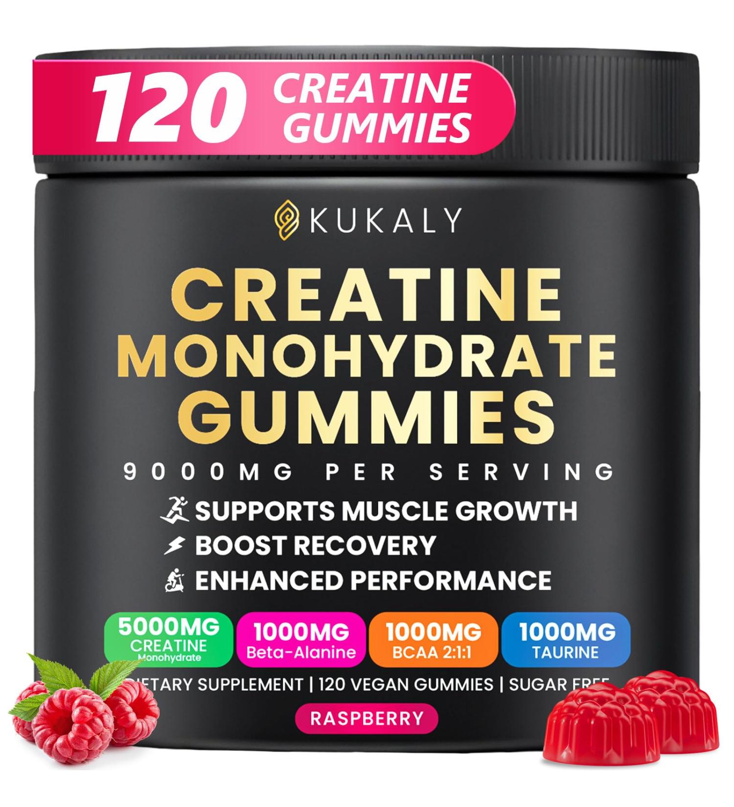 Creatine Monohydrate Gummies for Men & Women, 9000MG Creatine Gummies Sugar Free with L-Taurine, BCAA 2:1, B12 B6 for Boost Strength, Focus & Endurance, Vegan, Non-GMO, Raspberry 120pcs Raspberry 120 Count (Pack of 1) - Buy Online on GoSupps.com