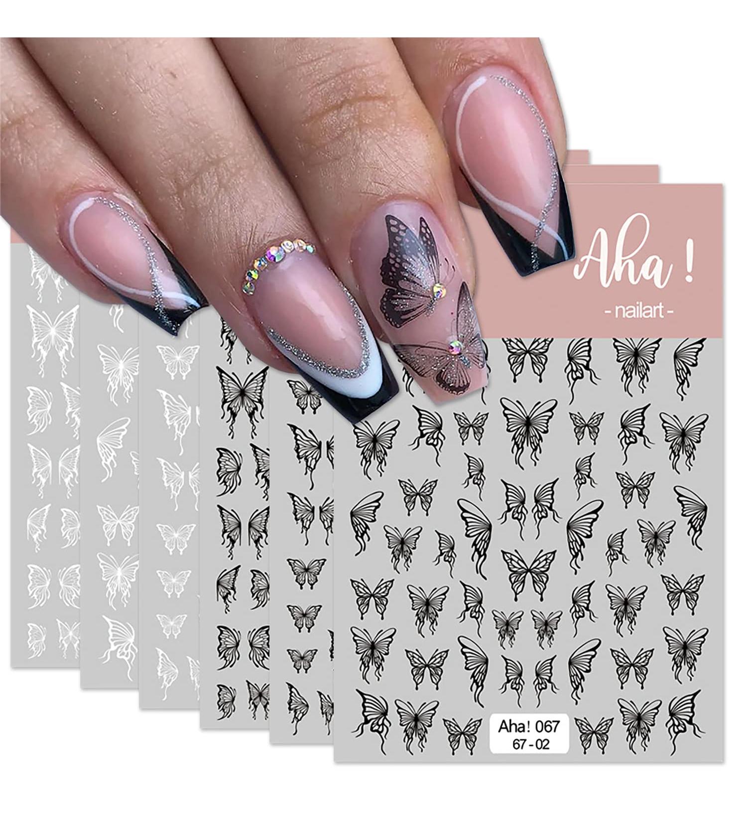 6Pcs Butterfly Nail Art Stickers - Black and White 3D Self-Adhesive Decals for Women and Girls | Holiday Nail Decorations | DIY Acrylic Manicure Supplies - Buy Online on GoSupps.com