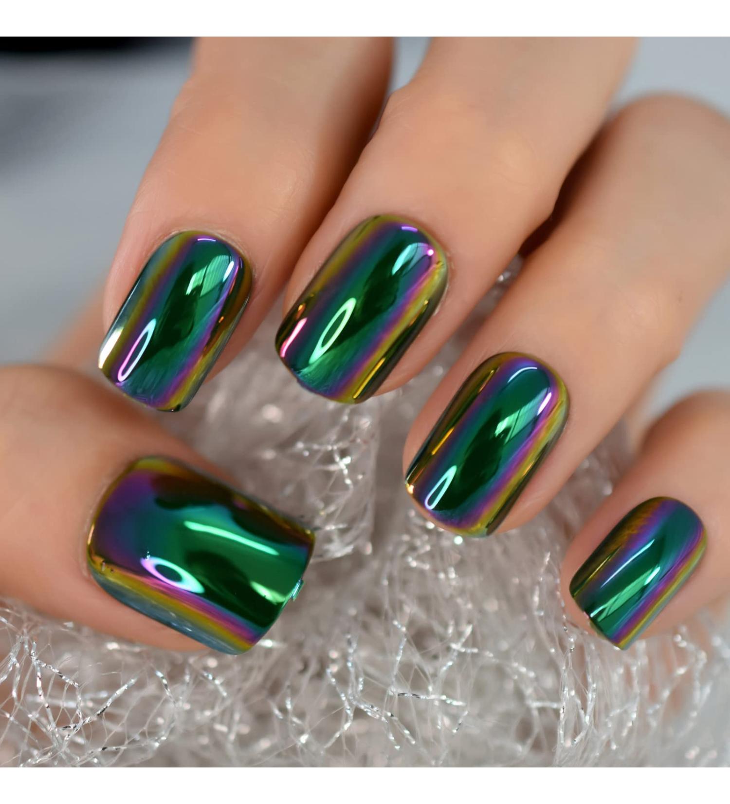 Chrome Green Short Square Press On Nails - Electroplate Design Daily Wear Fake Manicure (24pcs) - Buy Online on GoSupps.com