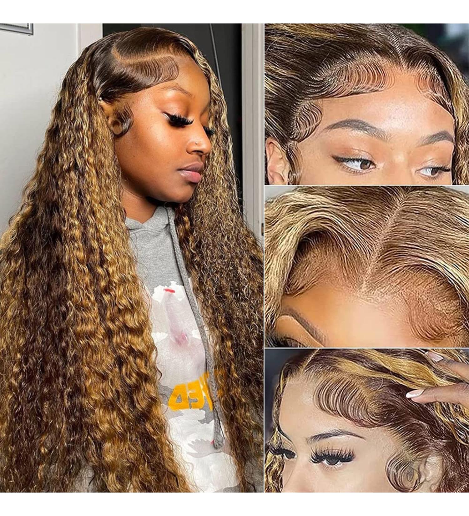 AHUFALU Ombre Highlight Deep Curly Wave Lace Front Wig 18 Inch 4/27 Colored Human Hair HD Lace 150% Density - Pre Plucked Baby Hair - Five Gifts Included - Buy Online on GoSupps.com
