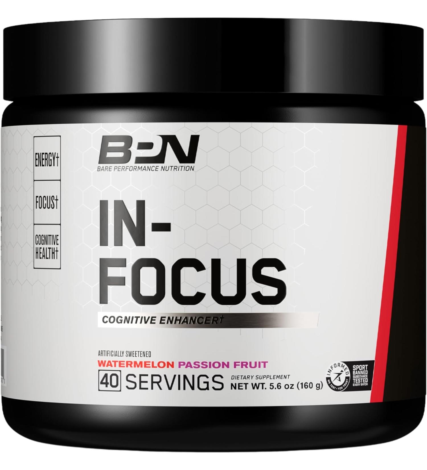Buy BARE PERFORMANCE NUTRITION in-Focus Brain Support Supplement - Improve Focus & Energy with Alpha GPC - Watermelon Passionfruit Flavor - 40 Servings - International Shipping - Buy Online on GoSupps.com