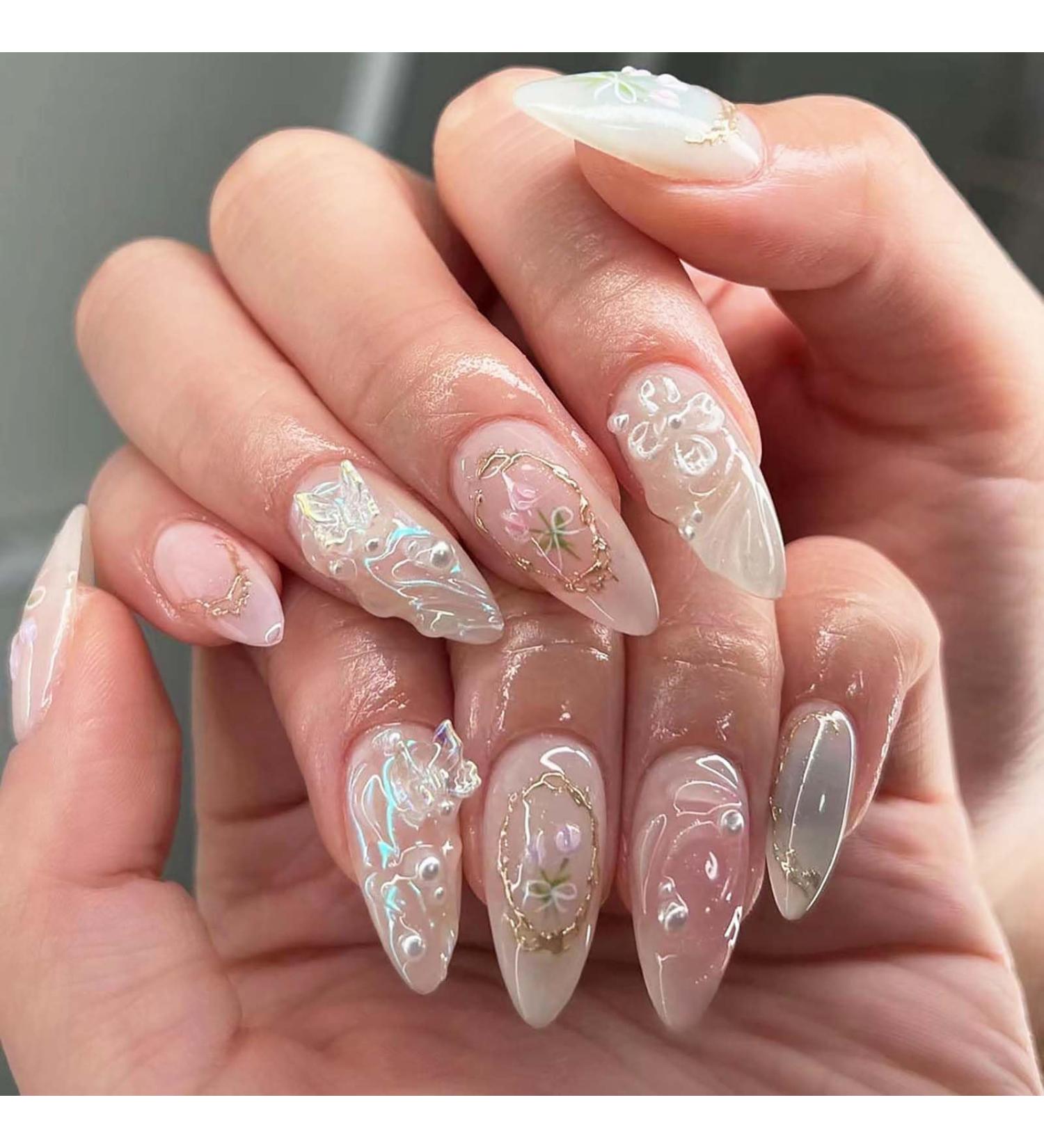 24 Pcs Short Almond Press on Nails with 3D Butterflies & Waves - Glue on Floral Acrylic Fake Nails for Women and Girls - Nude Stick On Nail Sets - Buy Online on GoSupps.com