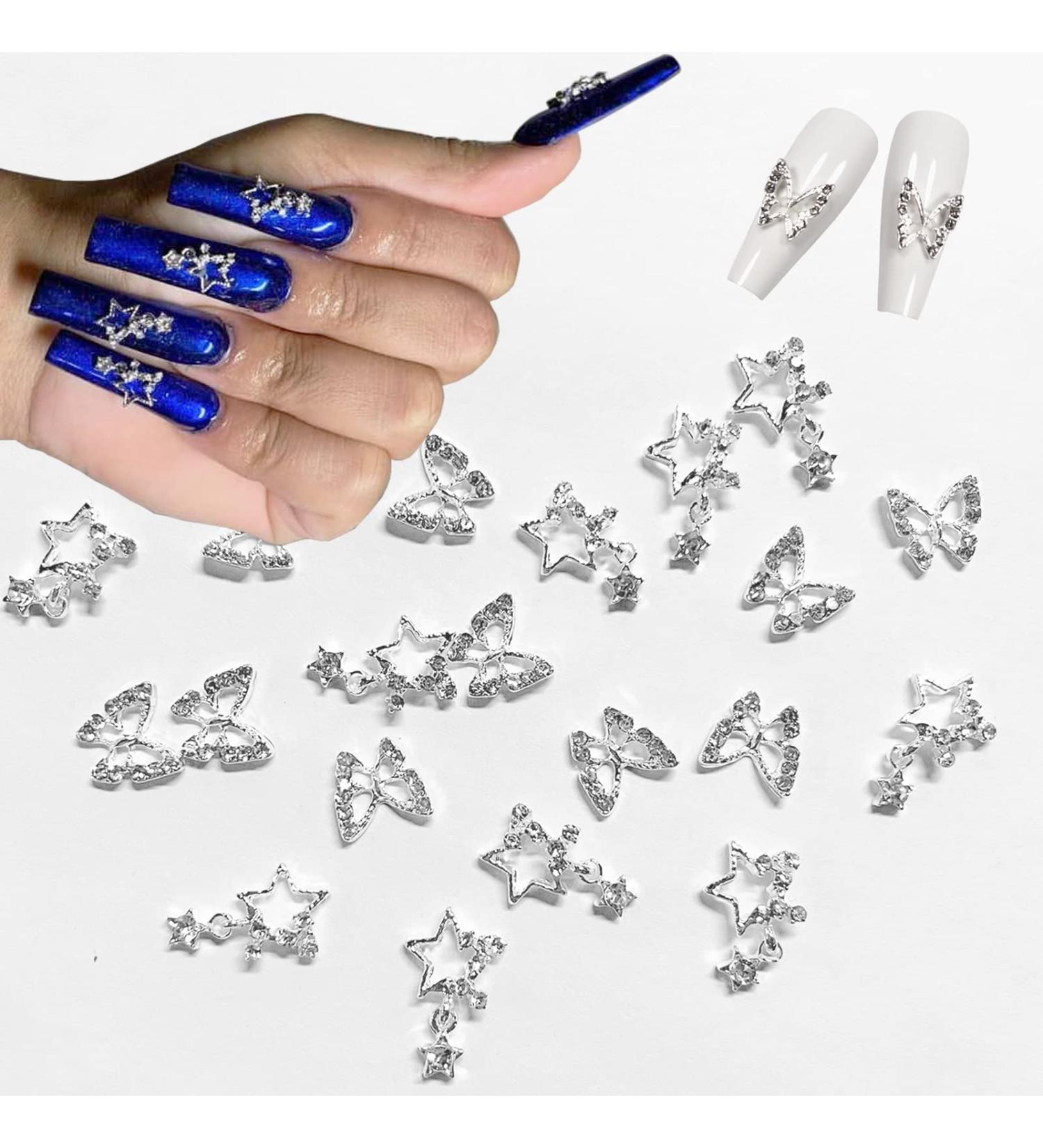 MOMSON Silver Butterfly & Star Nail Charms | 20Pcs Shiny Crystal Rhinestones for Women Nail Designs - Buy Online on GoSupps.com