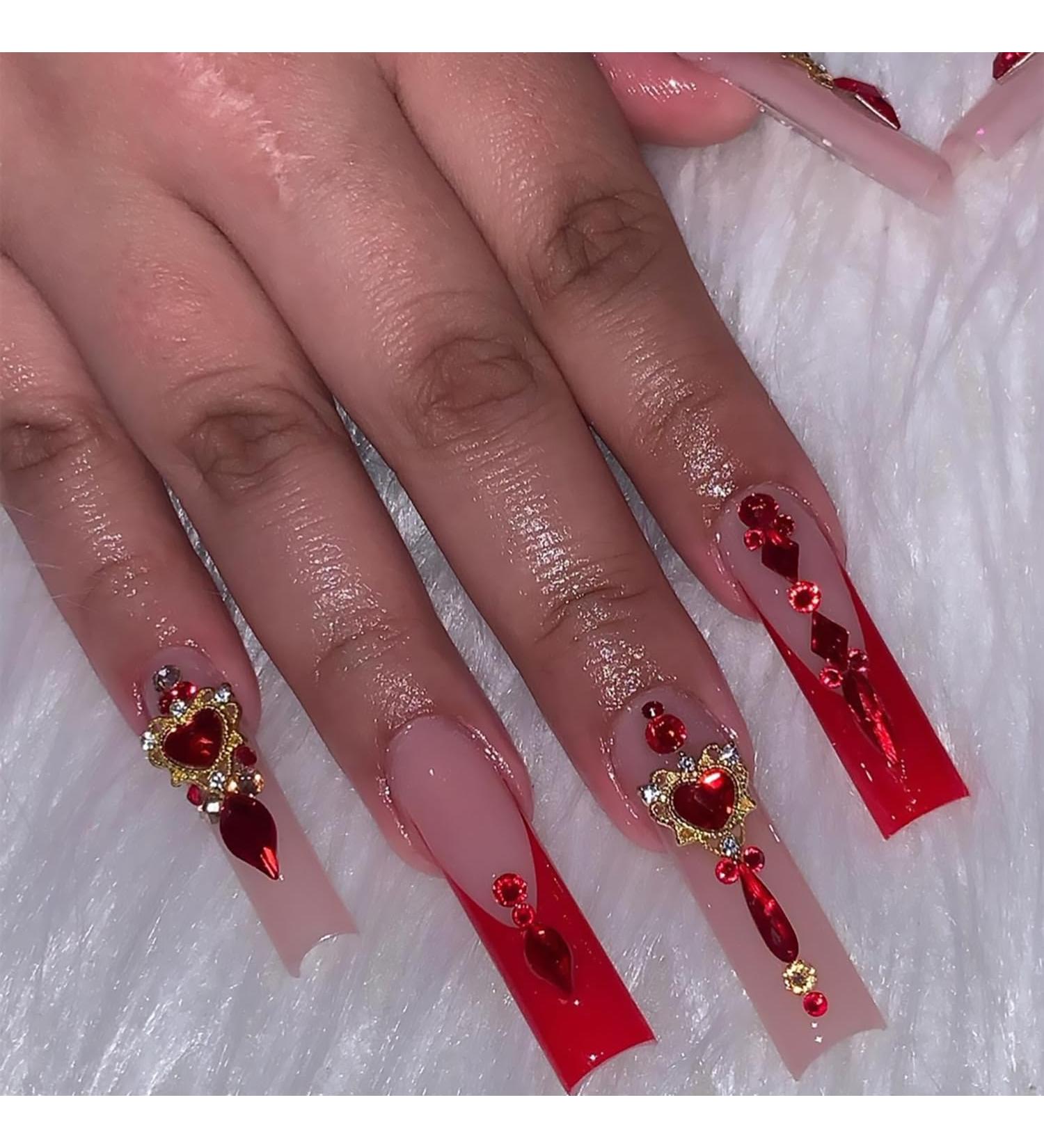 Red French Tip Press-On Nails | Square Long Fake Nails with Red Rhinestones | Reusable Acrylic Stick-On Nails for Women & Girls - 24Pcs - Buy Online on GoSupps.com