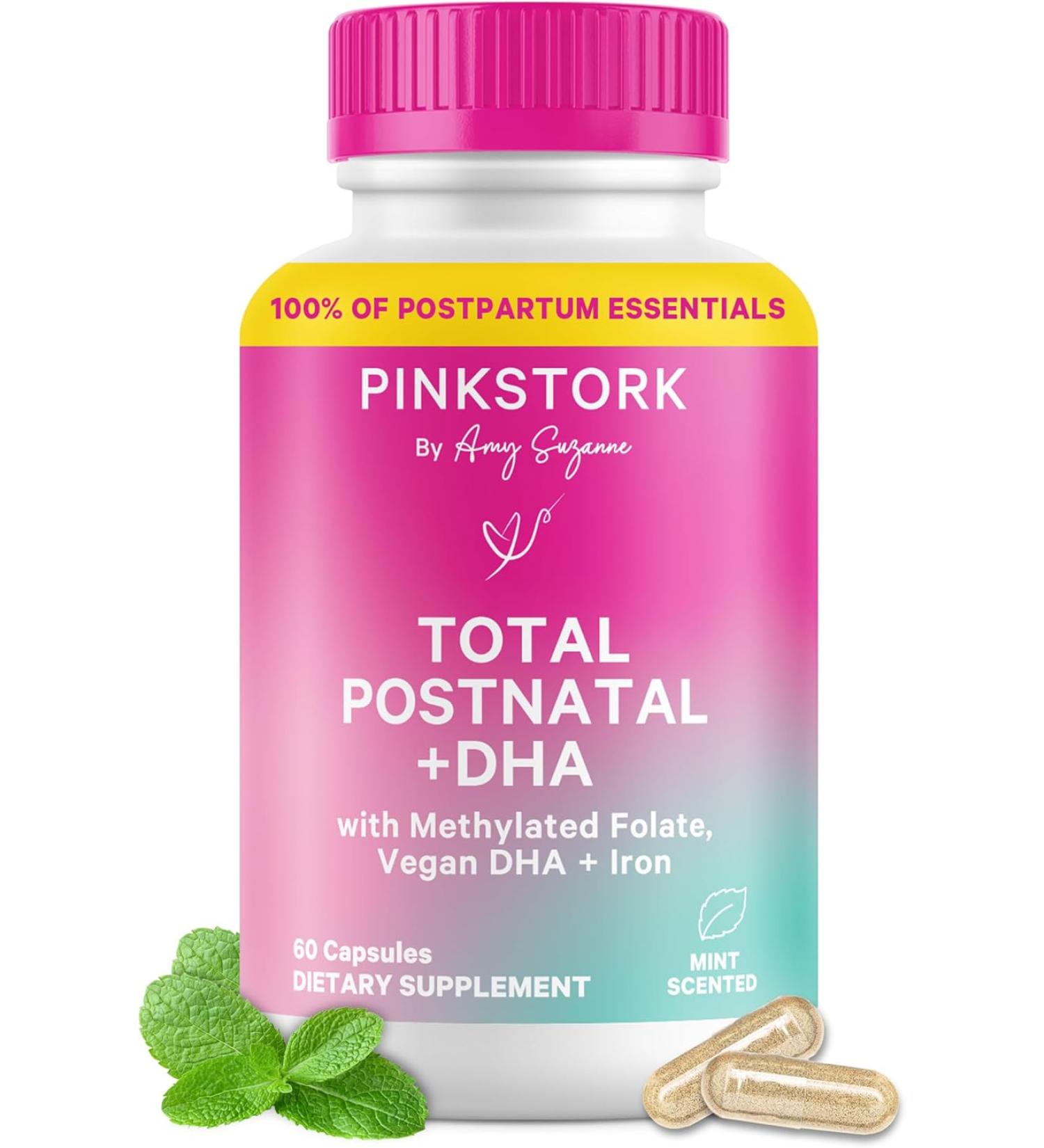Pink Stork Total Postnatal + DHA | Postpartum & Breastfeeding Support | Prenatal Vitamins for Mom & Baby | Women-Owned | 60 Capsules - Buy Online on GoSupps.com