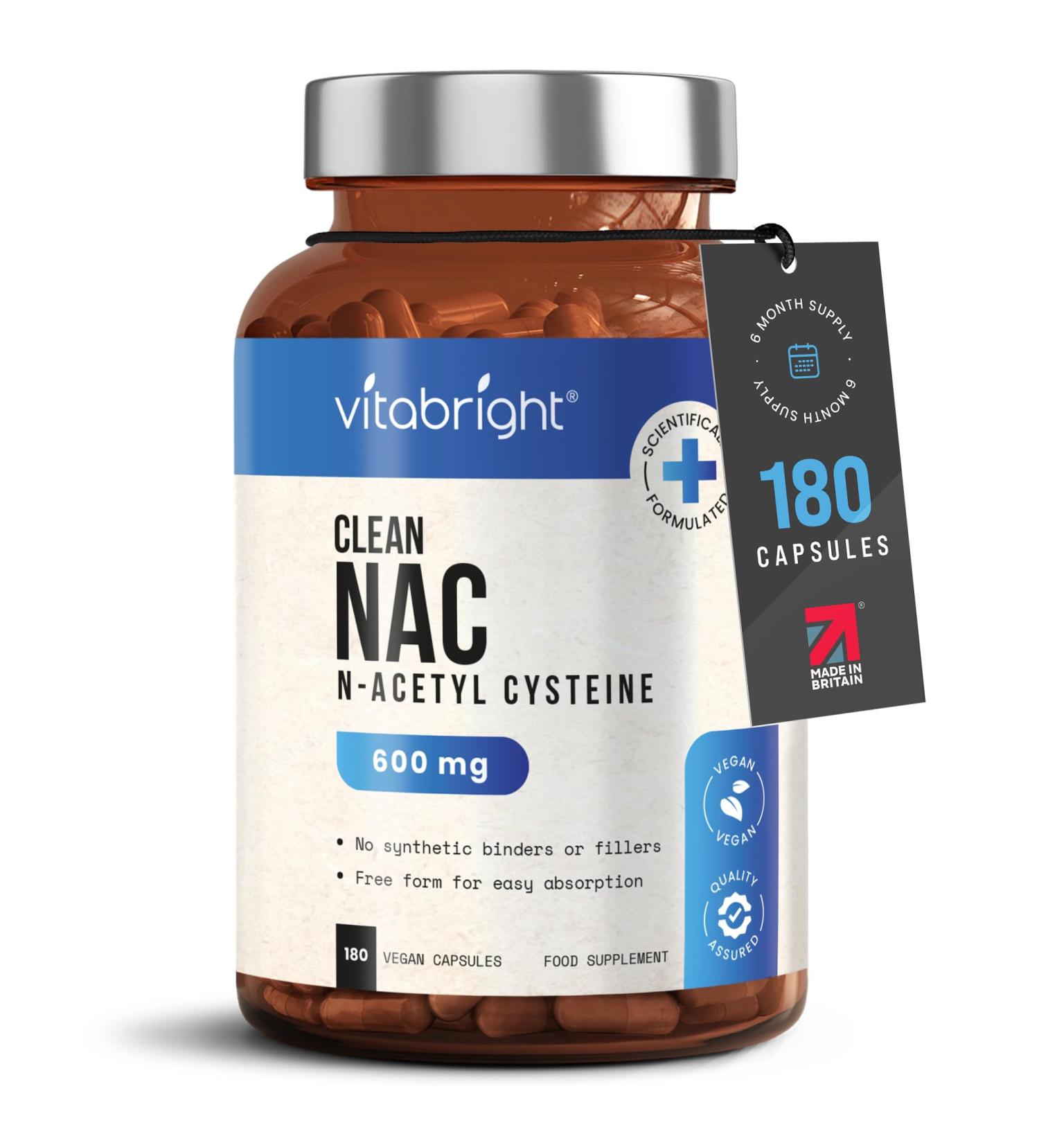 NAC (N Acetyl Cysteine) 600mg 180 Capsules - 6 Month Supply | Vegan Amino Acid L-Cysteine | Supports Respiratory System and Antioxidant Glutathione | Bioavailable Formula by VitaBright - Buy Online on GoSupps.com