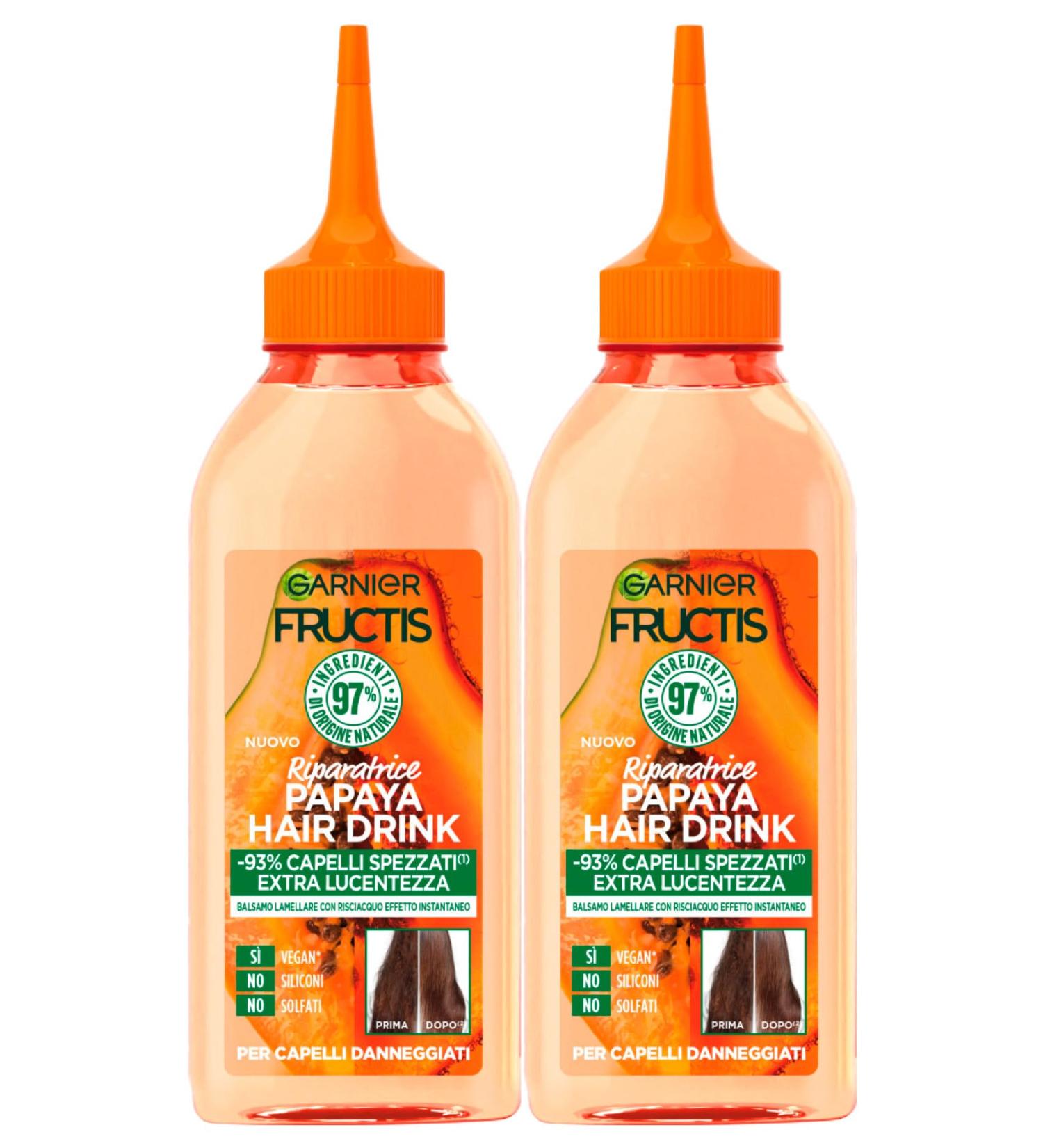 Garnier Garnier Fructis Hair Drink Papaya Lamellar Balm Repair for Damaged Hair Detangling Action Extra Shine Silicone-Free 2 x 200 ml Bottles - Buy Online on GoSupps.com