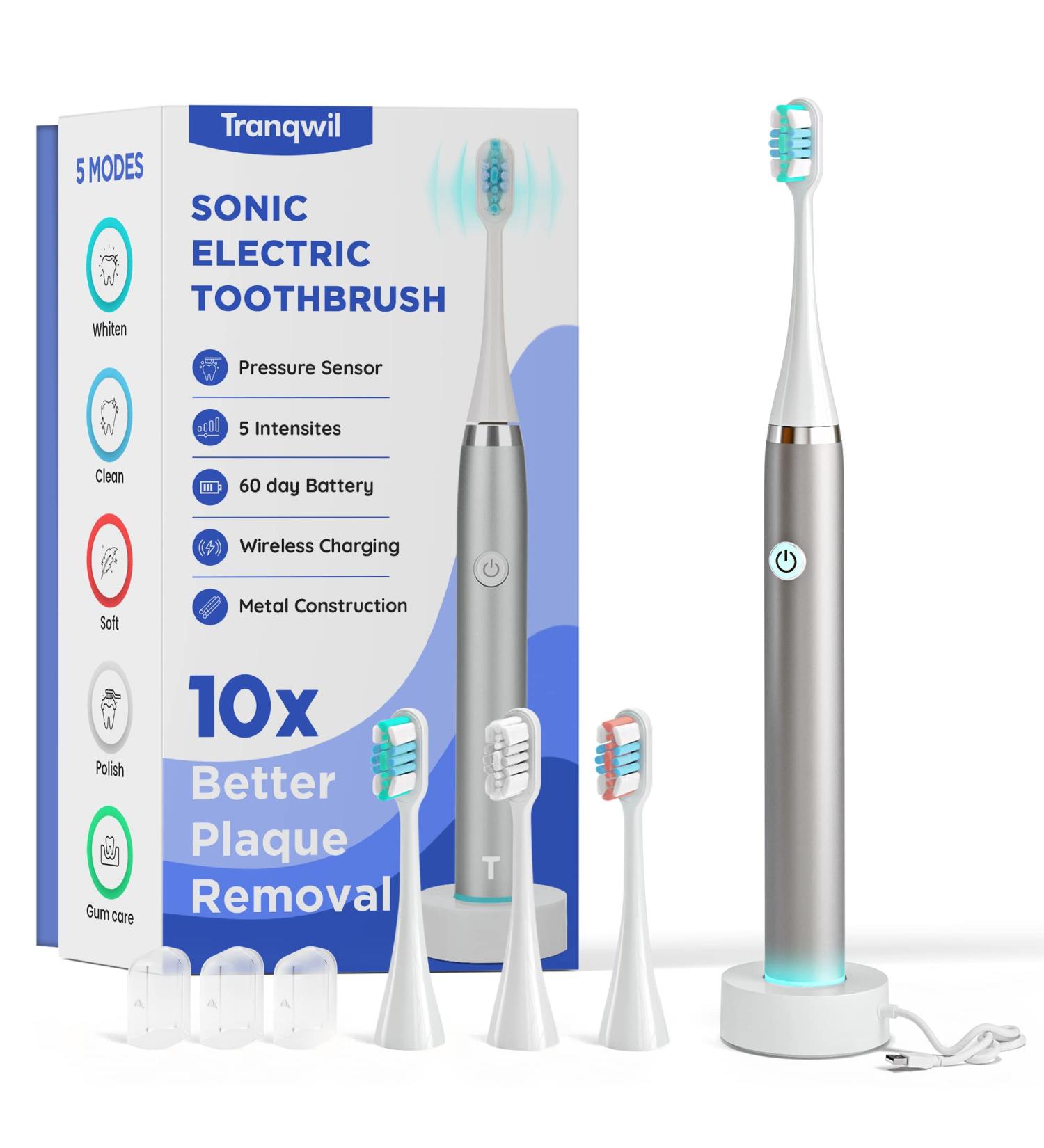 Tranqwil Sonic Electric Toothbrush for Adults - 42,000 VPM Motor - 60 Day No Charge - 5 Modes - Fast Wireless Charging - Metal Build - Buy Online on GoSupps.com