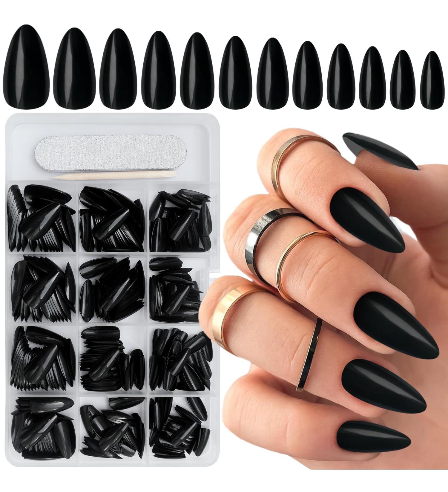 360pcs Glossy Black Almond Press on Nails - Medium Length Fake Acrylic Nails with Adhesive Tabs for Women & Girls - Buy Online on GoSupps.com