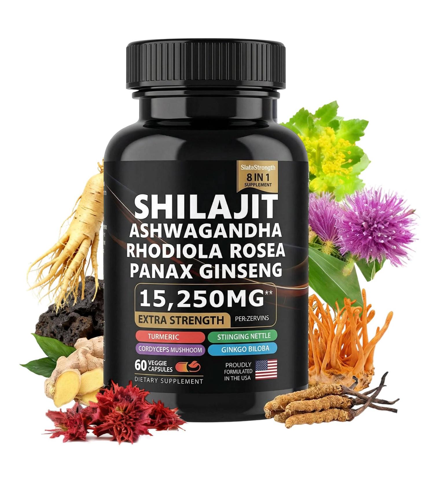Pure shilajit Supplement with ashwagandha Ginseng rhodiola rosea cordyceps Mushroom Ginkgo biloba stinging Nettle Turmeric 8 in 1 Supplement - Buy Online on GoSupps.com