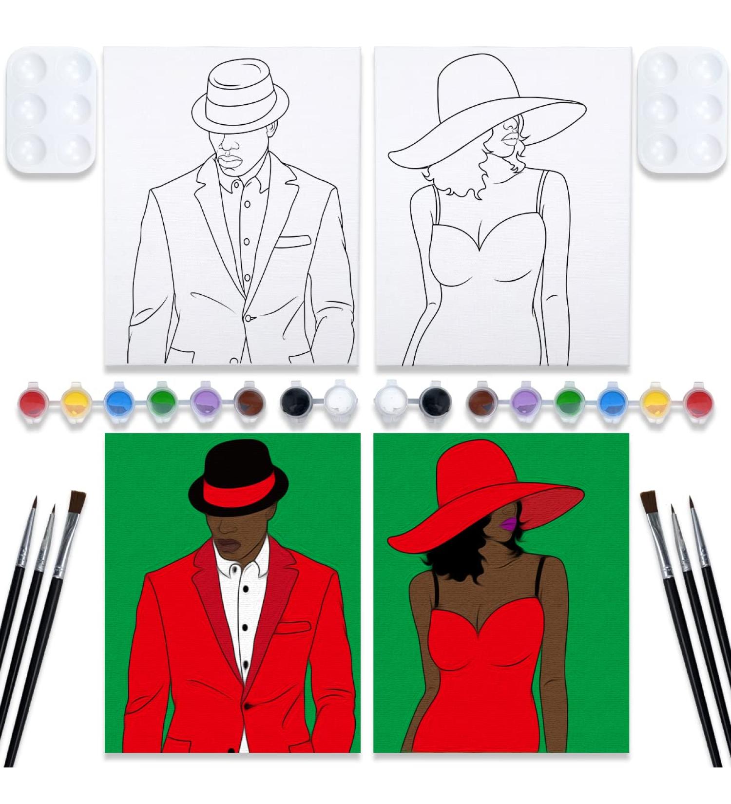 VOCHIC Couples Paint Party Kit Pre Drawn Canvas 8x10 (2 Pack) for Adults | Paint and Sip Date Night Games for Elegant Ladies and Gentlemen - Buy Online on GoSupps.com